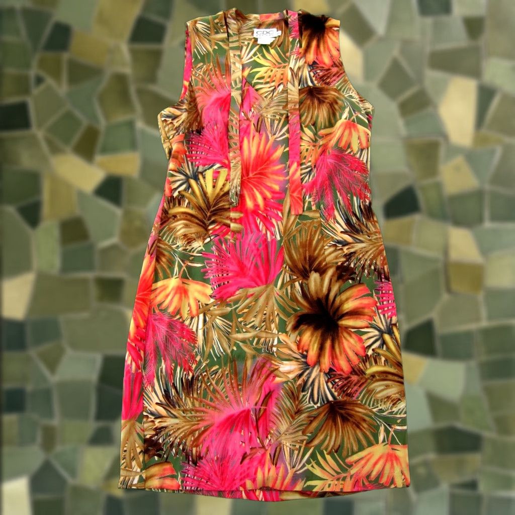 Vintage CDC Petites Pink Floral High V-Neck Sleeveless Sheath Dress 10 - Vintage Women’s Midi Kaftan/Pencil/Shift/Job Occasion Dress Size L / US 10 / IT 46 - 1 Thumbnail