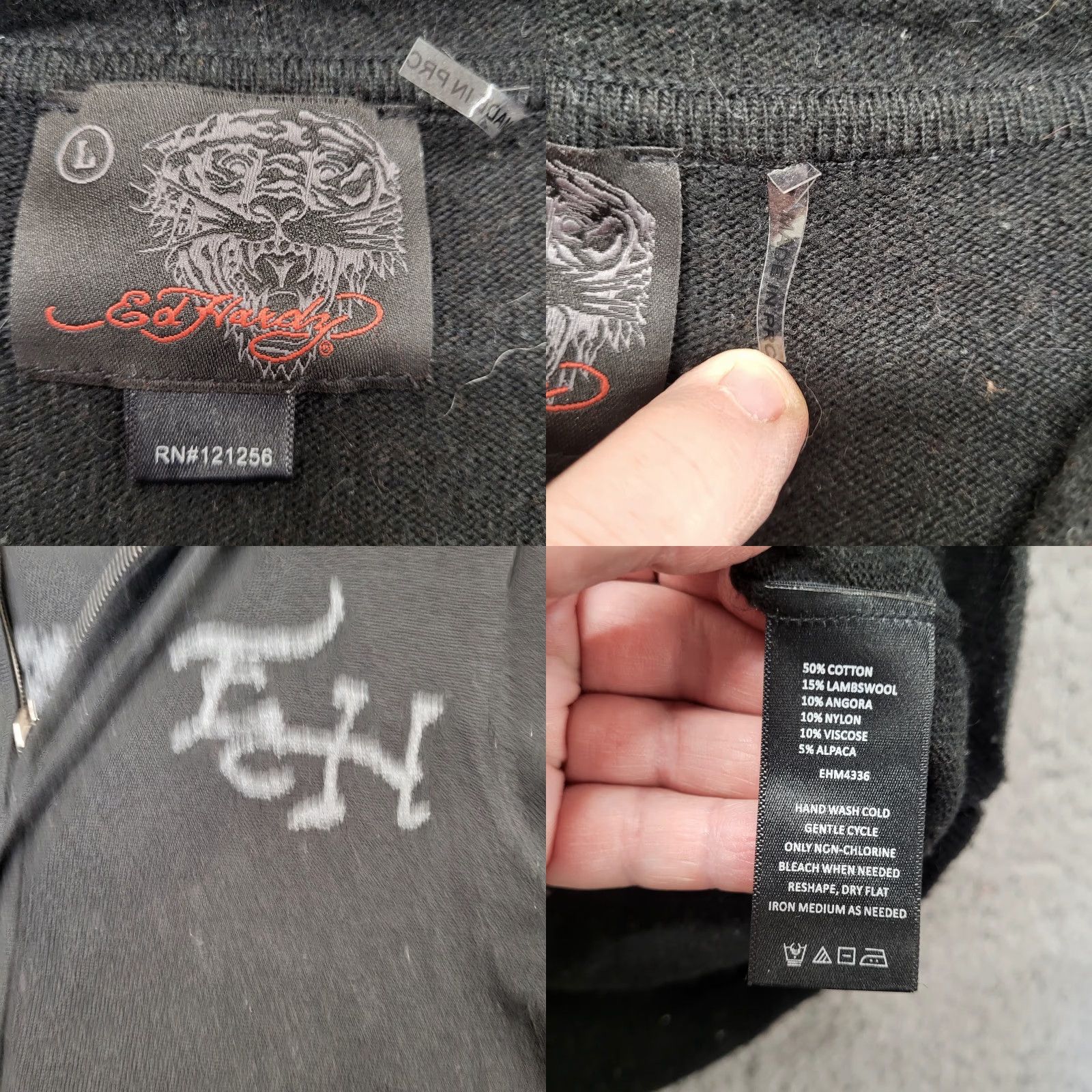 Ed Hardy Ed Hardy x Christian Audigier Men L Hoodie ZipUp Full Zip Graphic Print Skull Logo Black Knit 50% Cotton Blend Lambswool Alpaca Size US L / EU 52-54 / 3 - 9 Thumbnail