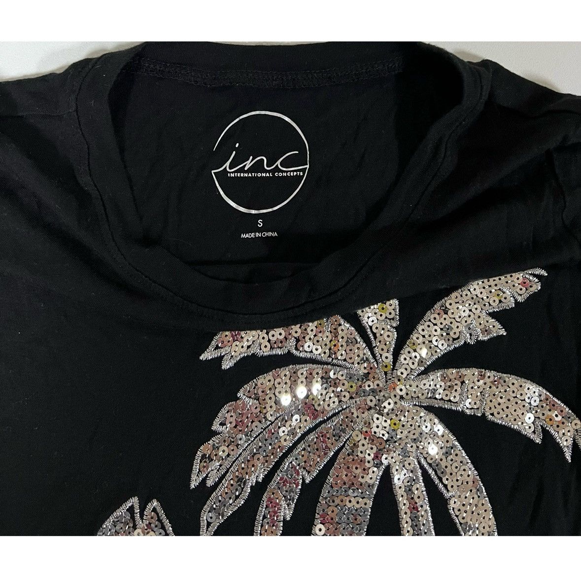 I.N.C INC Black Sequin Palm Tree T-Shirt Top Blouse Tee Size S 🌴 Size S / US 4 / IT 40 - 2 Thumbnail