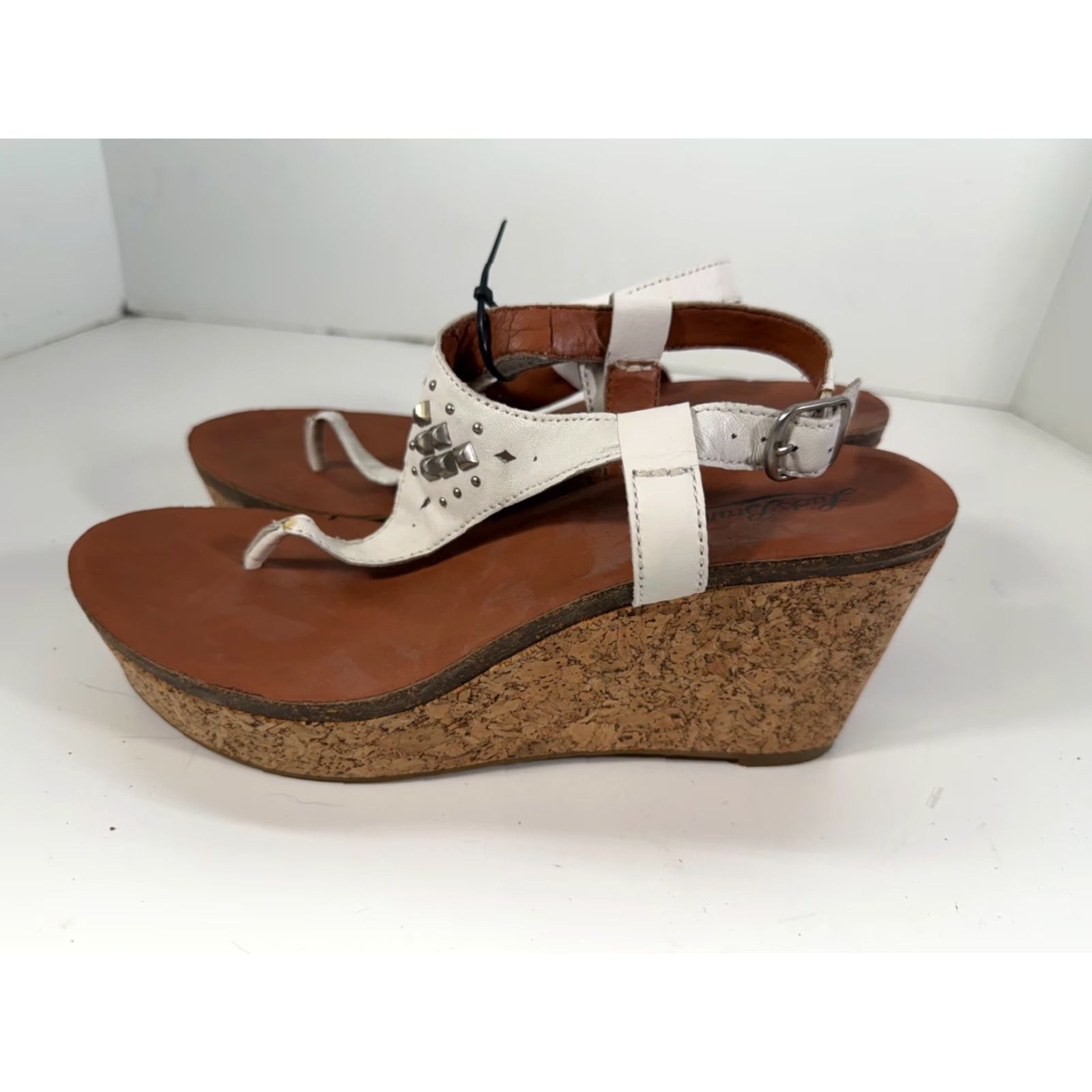 Lucky Brand Lucky Brand Thong Wedge Sandals Womens 9M Brown White Studded Cork Platform Boho Size US 7 / IT 37 - 6 Thumbnail