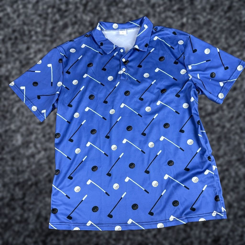 Vintage Golf Polo Shirt Mens Large Blue All Over Print Clubs Balls Novelty Short Sleeve Size US L / EU 52-54 / 3 - 1 Thumbnail