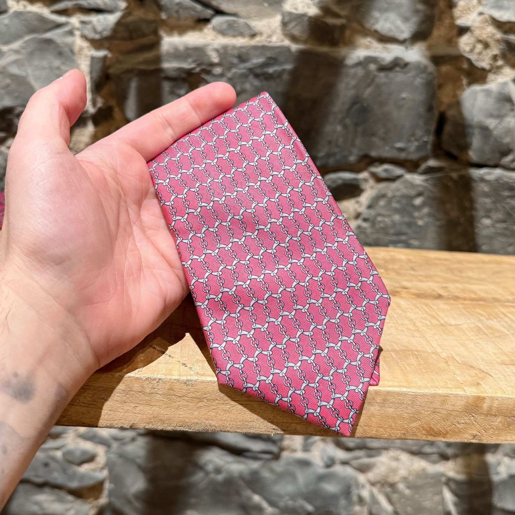 Hermes Hermès Chain-link Pink Silk Tie Size ONE SIZE - 3 Thumbnail