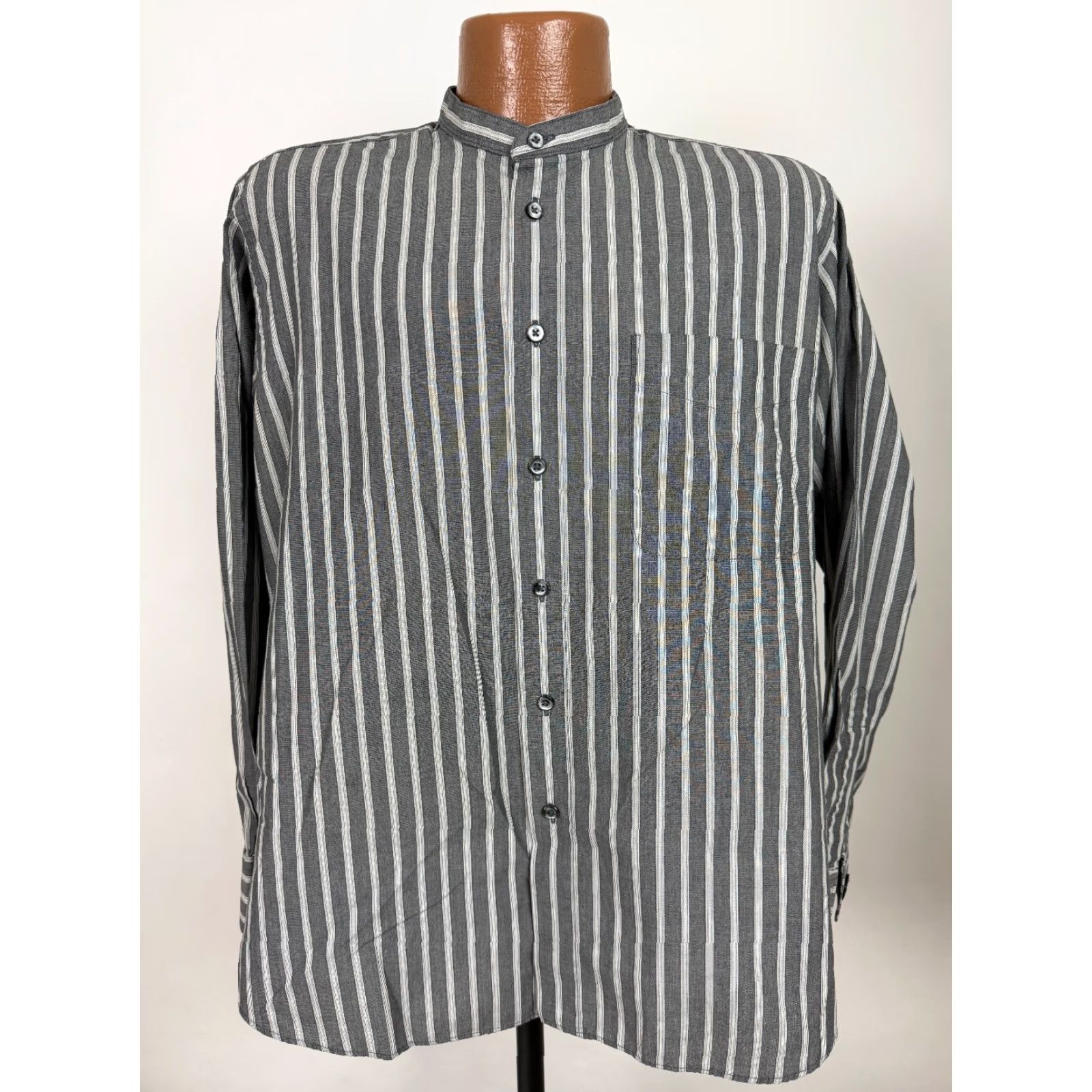 Albert Nipon VINTAGE Albert Nipon Shirt Men L Striped Button-Up Band Collar 80s 90s Preppy Vaporwave Black Size US L / EU 52-54 / 3 - 3 Thumbnail