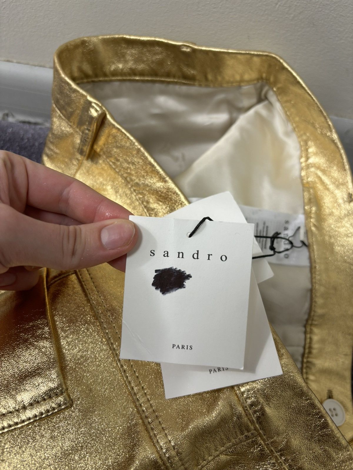 Sandro Sandro Paris NWT Women’s Metallic Gold Lamb Leather Pants Size 30" / US 8 / IT 44 - 10 Thumbnail