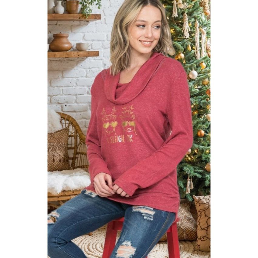 Other Red Cowl Neck Long Sleeve Large Christmas Top With "Sleigh Size L / US 10 / IT 46 - 2 Thumbnail