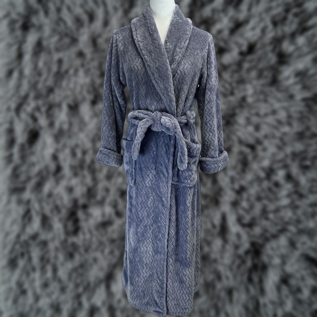 Vintage Natori Women's Long Fleece Robe with Belt and Pockets, Grey/Purple, Cozy, Regular Size Size ONE SIZE - 1 Thumbnail