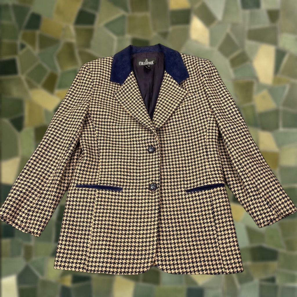Vintage VINTAGE JL Colebrook Blazer Medium Brown Tan Blue Wool Blend Houndstooth Plaid Button Lined Pockets Classic USA Womens Size M / US 6-8 / IT 42-44 - 1 Thumbnail