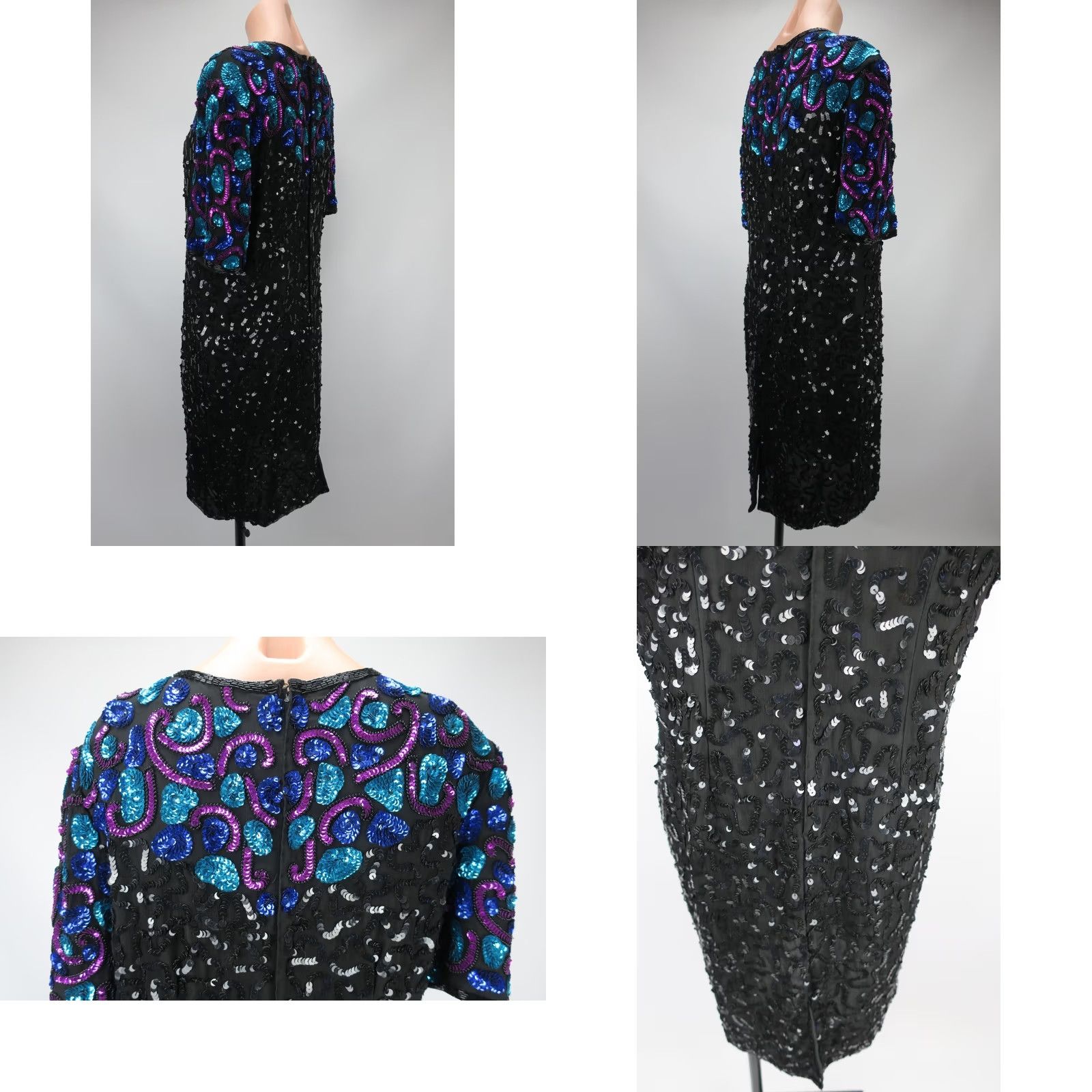 Pinko VINTAGE Laurence Kazar Gown Dress Beaded Sequin Evening Silk XL Blue Diamonds Gatsby Party Flapper Knee Length Size XL / US 12-14 / IT 48-50 - 8 Thumbnail