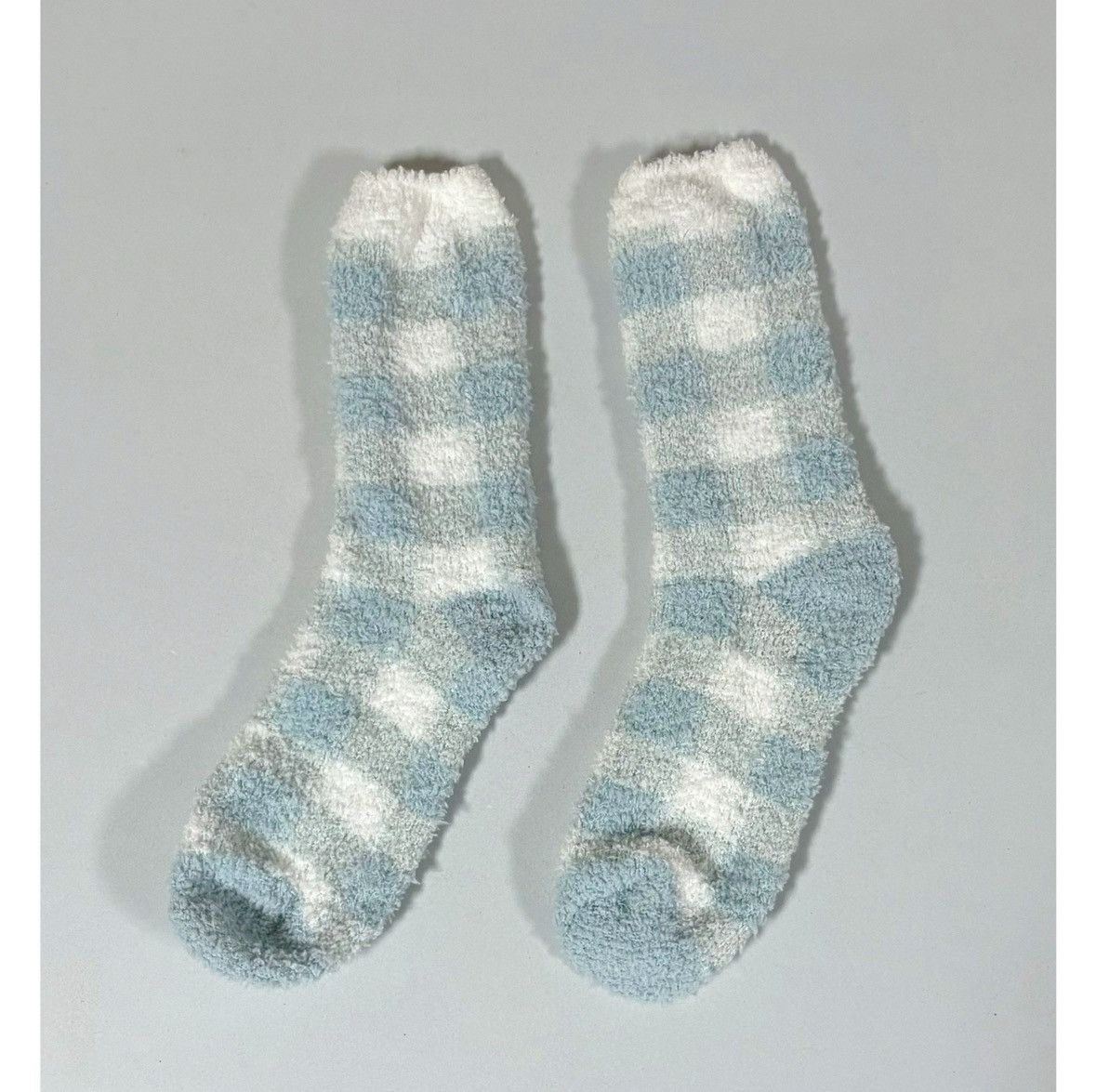 Vintage Blue White Pastel Plaid Checkered Plush Fuzzy Winter Socks ❄️ Size ONE SIZE - 3 Thumbnail