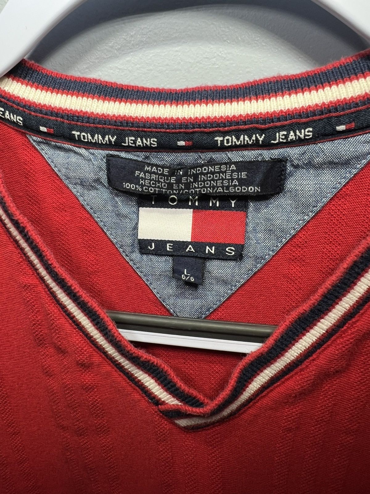 Tommy Hilfiger × Tommy Jeans × Vintage VTG 90s Tommy Hilfiger Ringer V-Neck T-Shirt Red Tommy Jeans Size US L / EU 52-54 / 3 - 4 Thumbnail