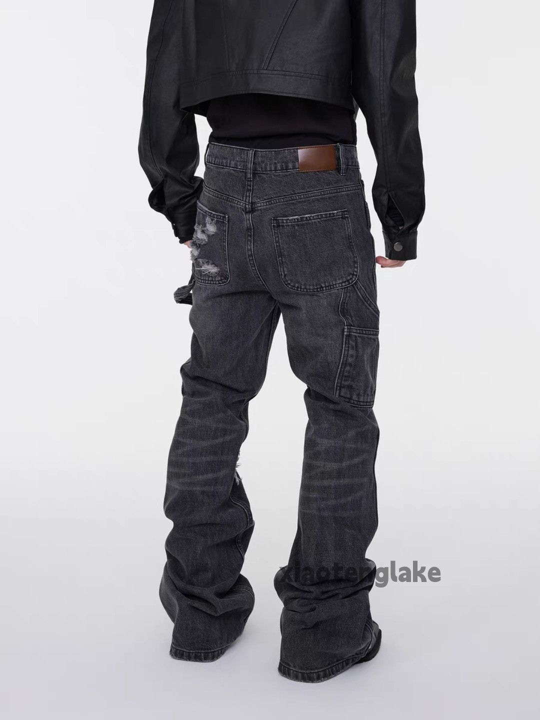 Custom distressed ripped carpenter bootcut jeans
