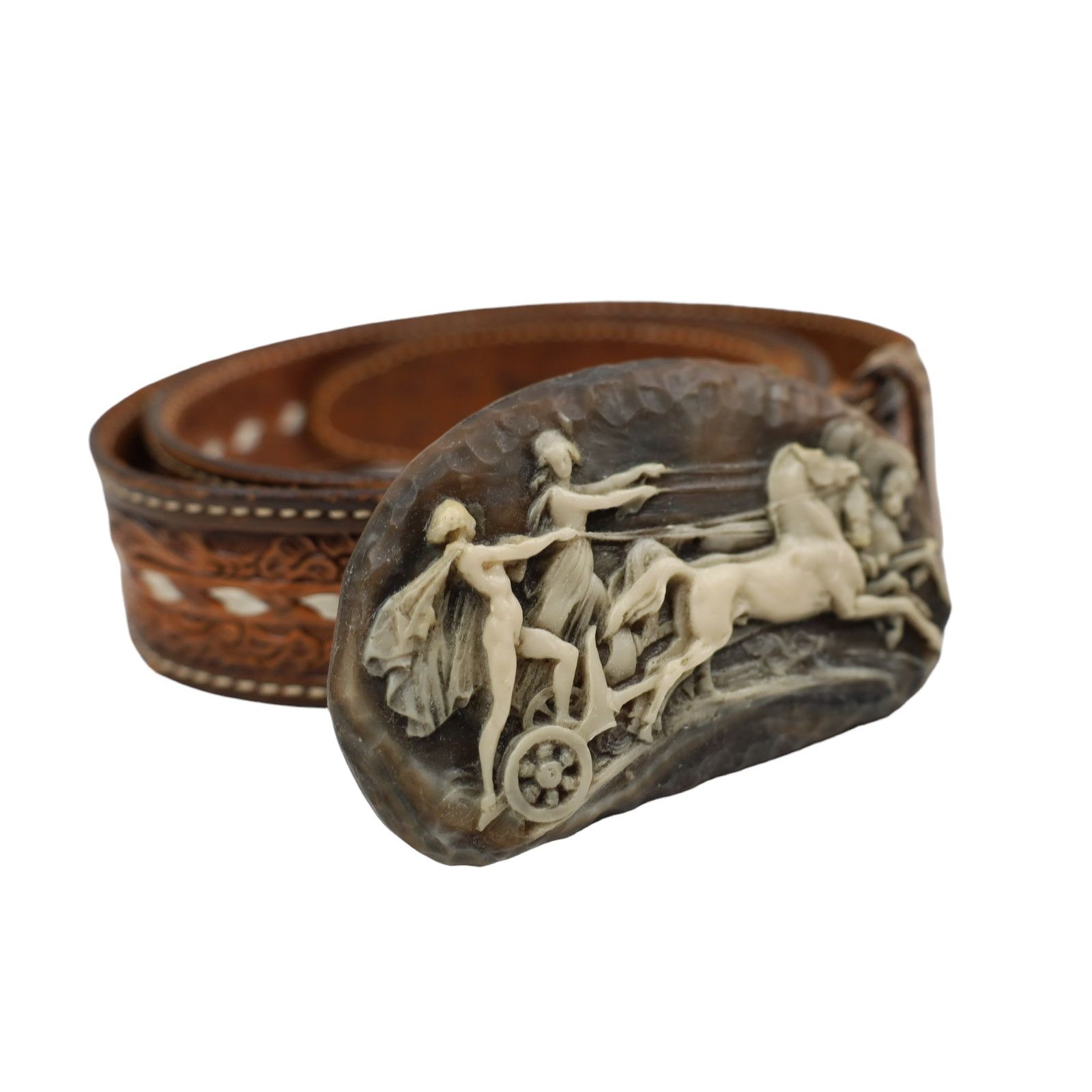 Vintage Vintage Carves Chariot Belt Buckle TexTan Woven Leather Belt Size 38 - 2 Thumbnail
