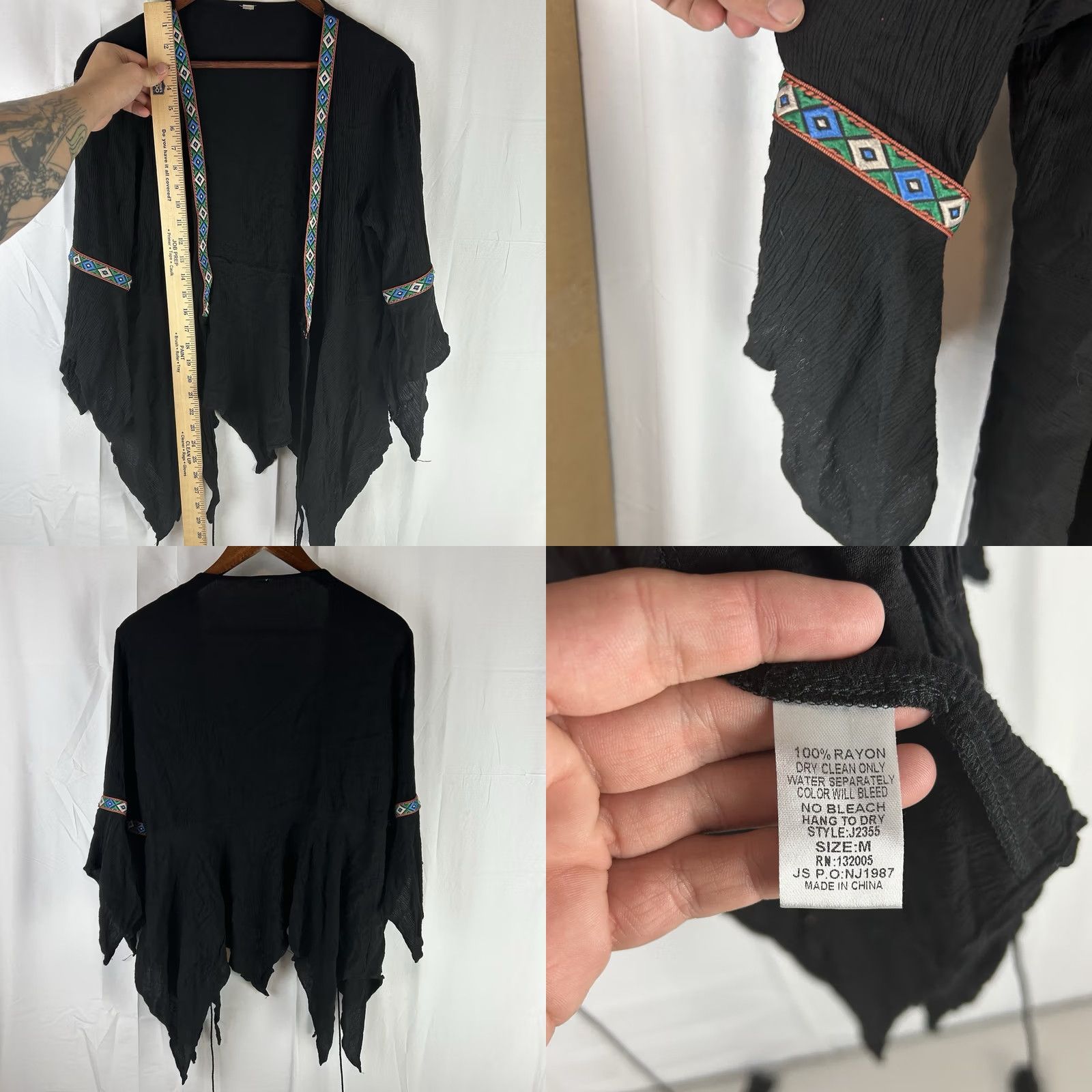 Vintage ENTRO Cardigan Kimono Medium Black Southwestern BOHO Trim Embroidery Size Size M / US 6-8 / IT 42-44 - 8 Thumbnail