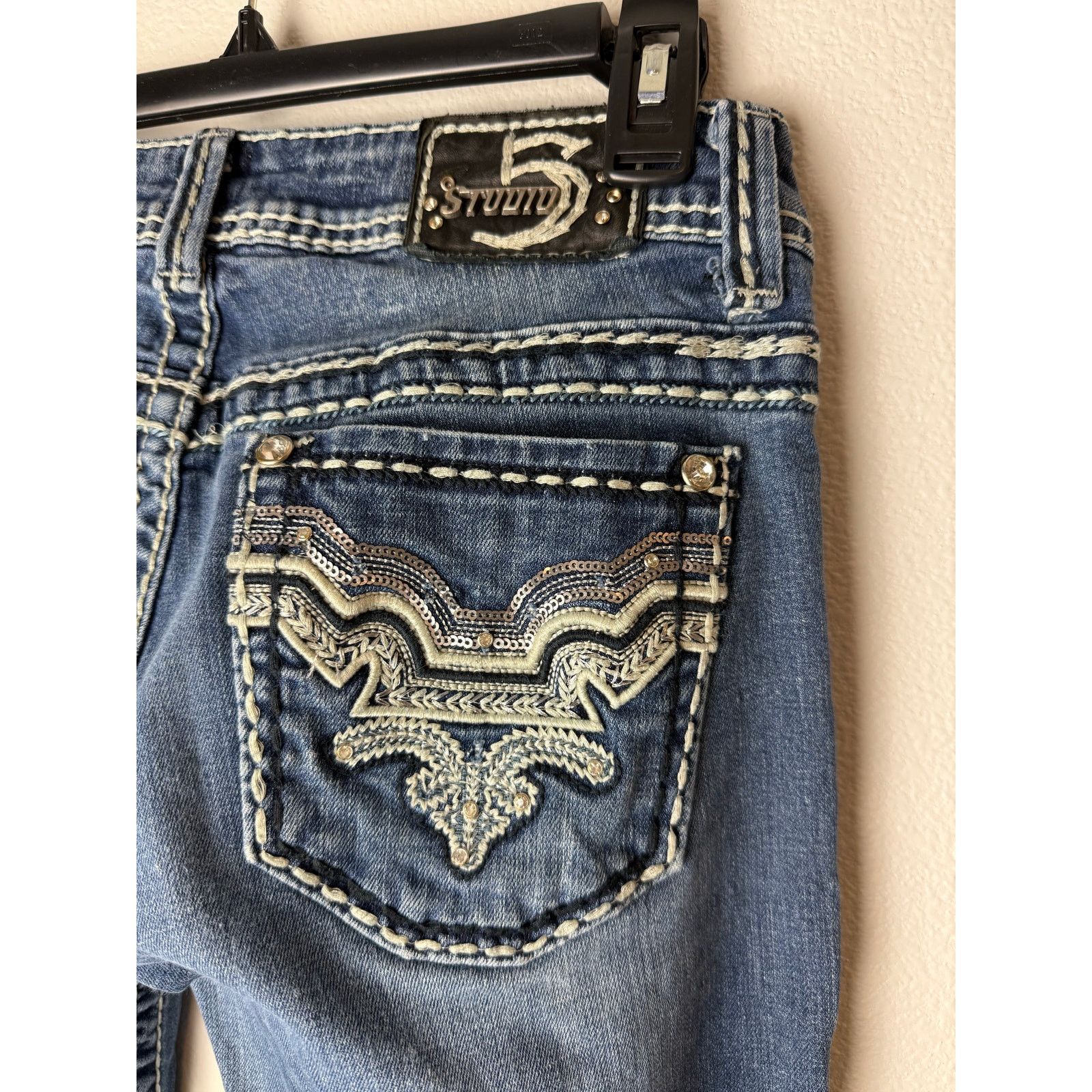 Miss Me Studio 5 Bootcut Jeans 29v33, Thick Stitch Embellished bling Size 29" - 4 Thumbnail