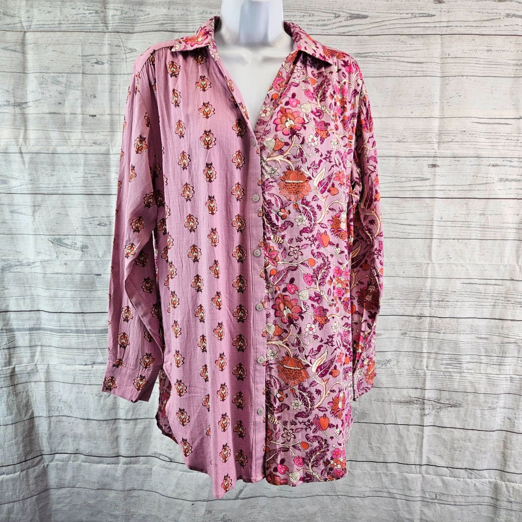 Vintage Knox Rose Womens Button Front Tunic Top S Purple Floral Long Sleeve Linen Rayon Size S Size S / US 4 / IT 40 - 2 Thumbnail