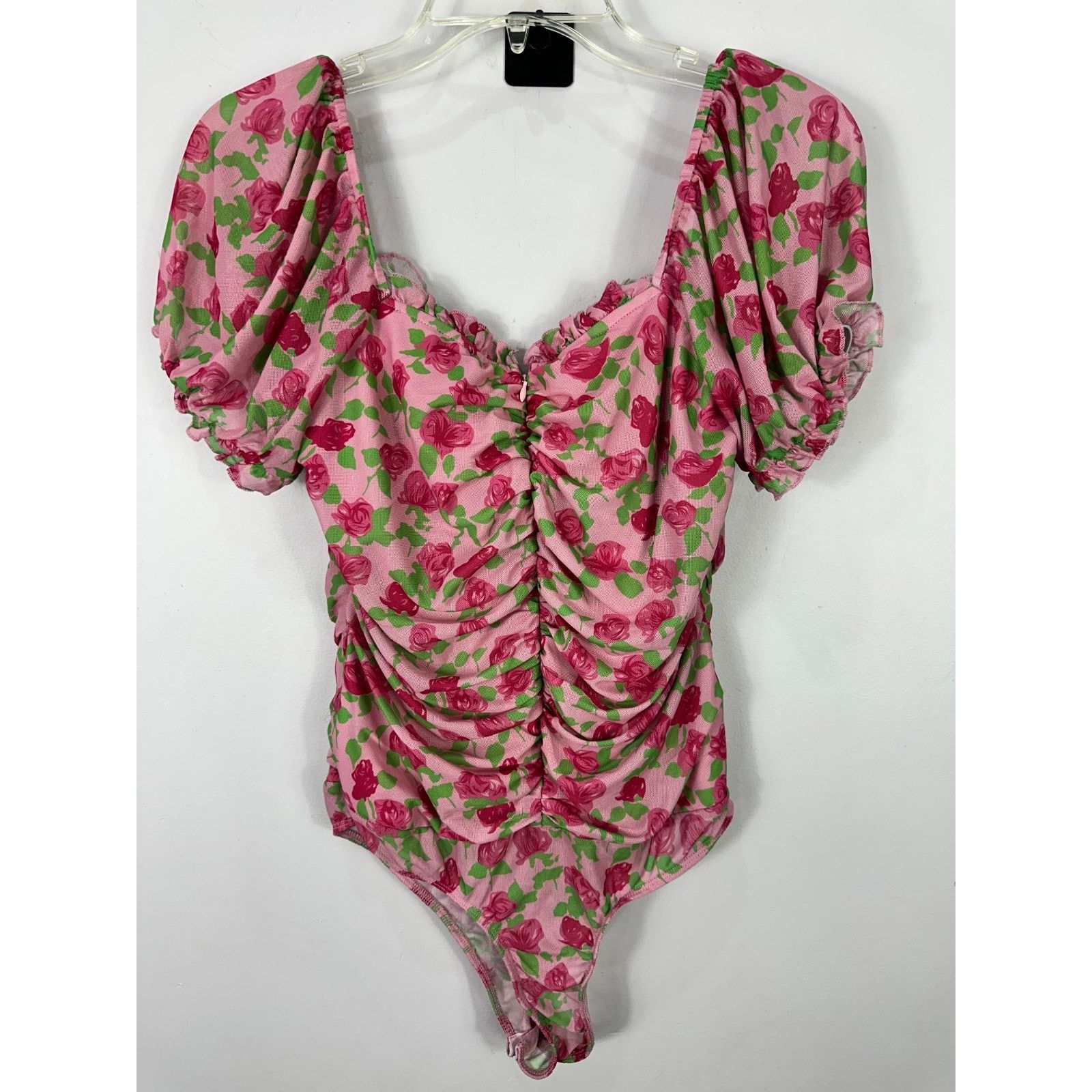 Lulus Lulus Pink Floral Mesh Ruched Bodysuit Large Coquette Size L / US 10 / IT 46 - 3 Thumbnail