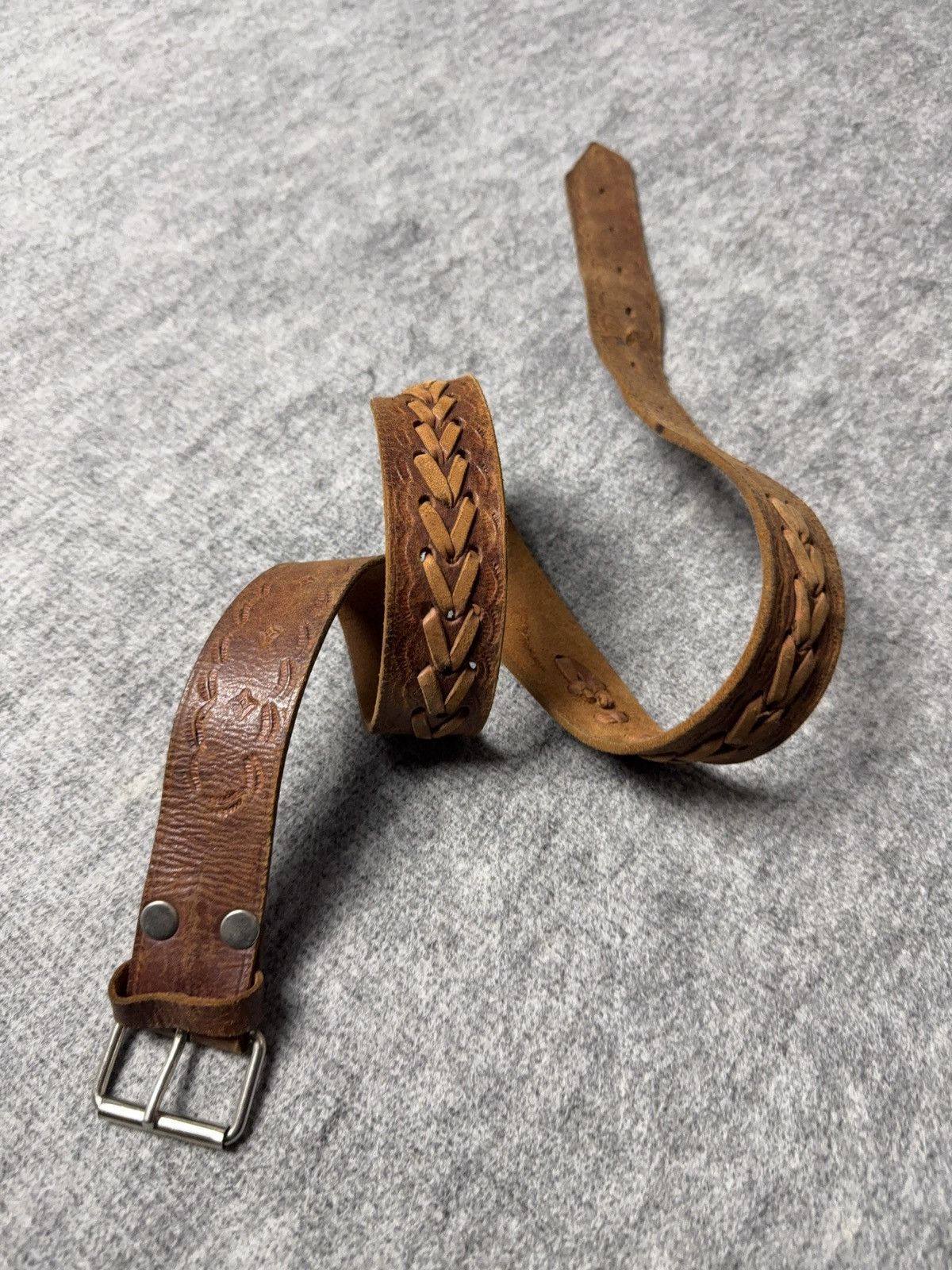 Vintage 90s Vintage Brown Tooled Leather Belt Braided Detail Western Size ONE SIZE - 2 Thumbnail