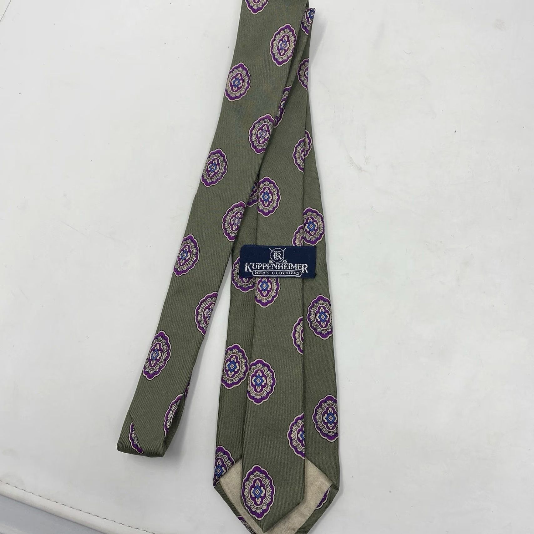 Vintage VINTAGE Kuppenheimer Tie Green Purple Medallion 100% Silk Hand Sewn in Italy Tie Men Classic 57"-60" Abstract Geometric Size ONE SIZE - 3 Thumbnail