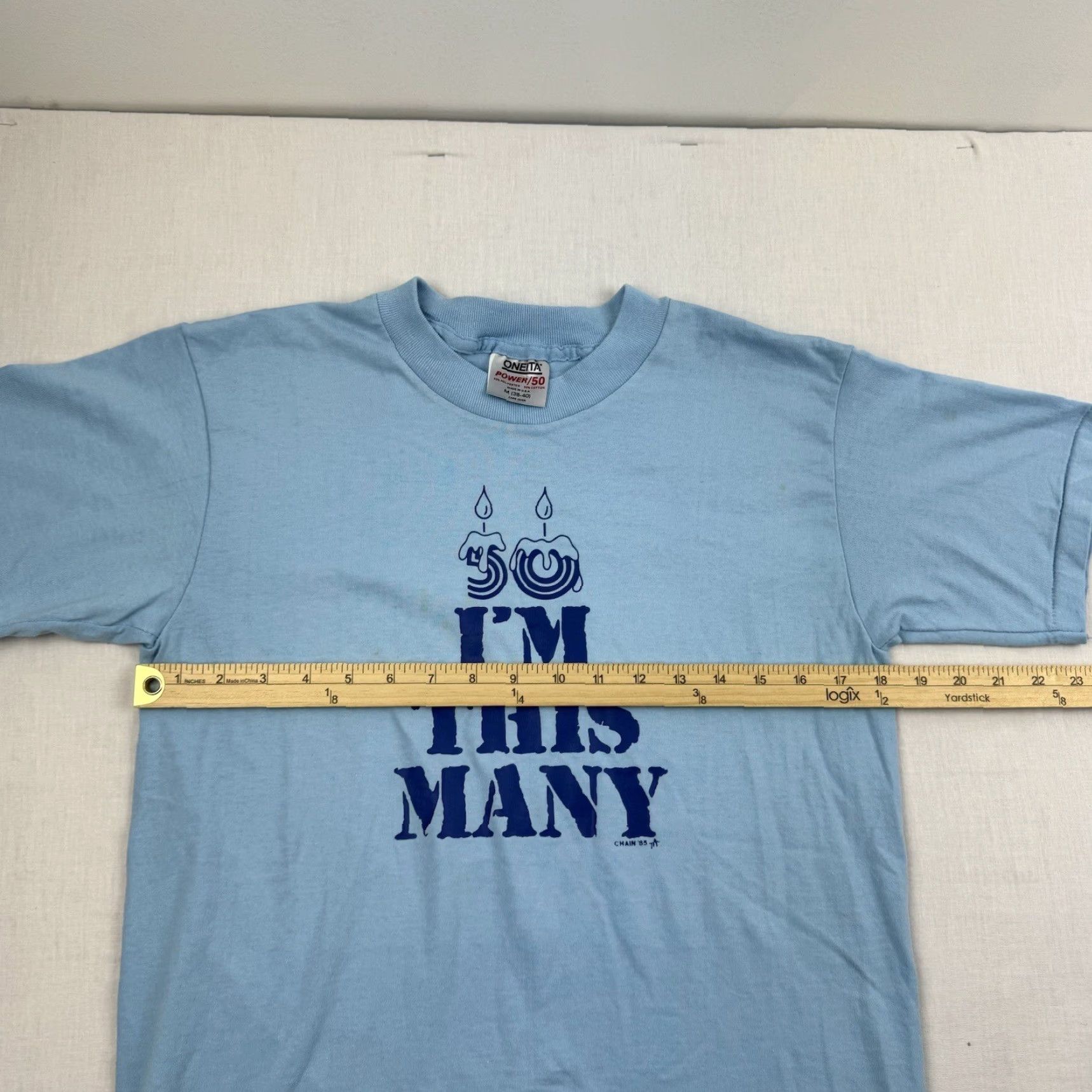 Vintage VINTAGE Oneita T-Shirt Blue 80s Funny Crew Neck Adult Medium Men - 50 Years Old, Short Sleeve, Graphic Tee Size US M / EU 48-50 / 2 - 7 Thumbnail