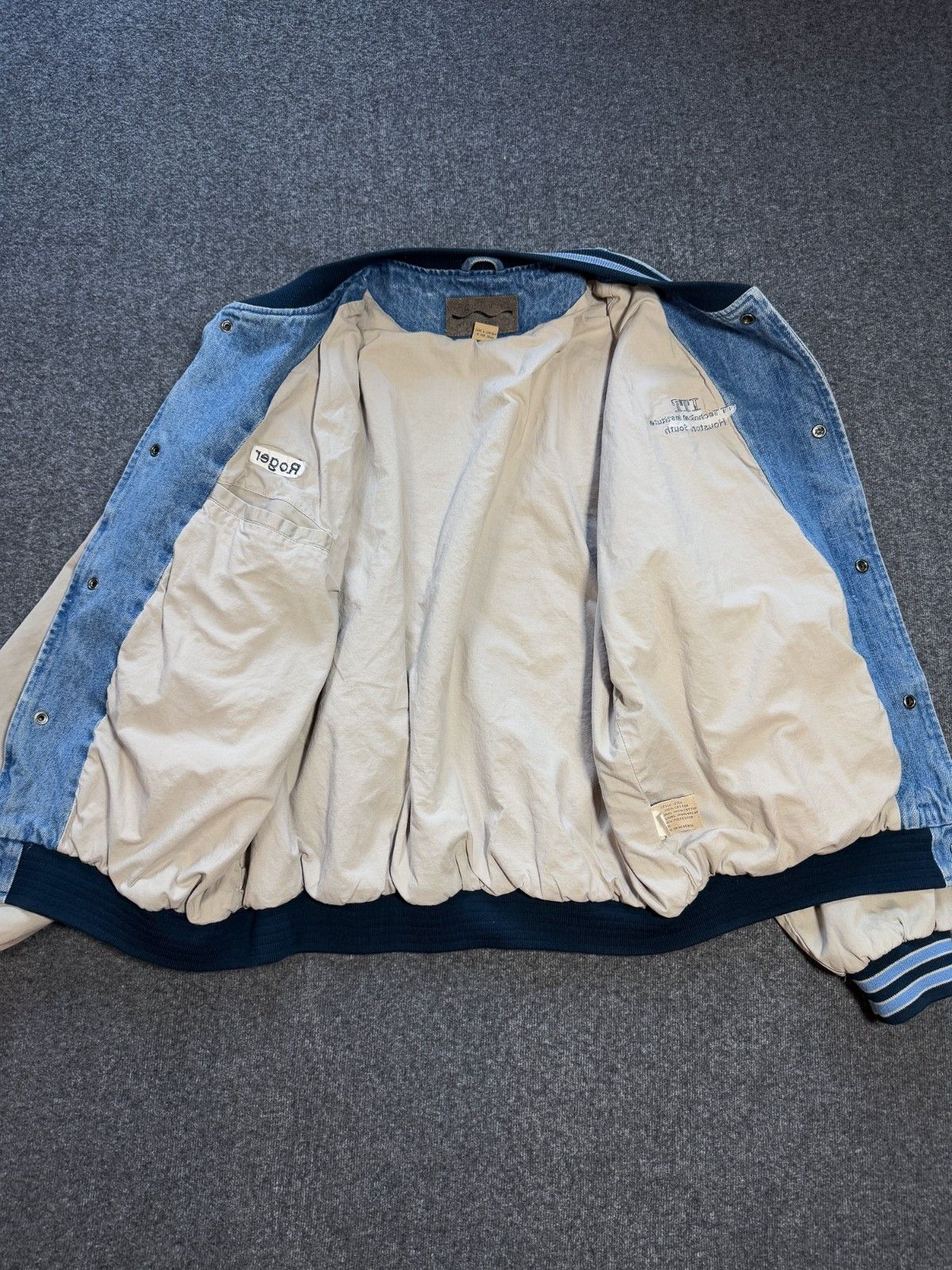 Vintage 90s Denim Varsity Bomber Jacket Workwear Tan Blue XL Size US XL / EU 56 / 4 - 3 Thumbnail