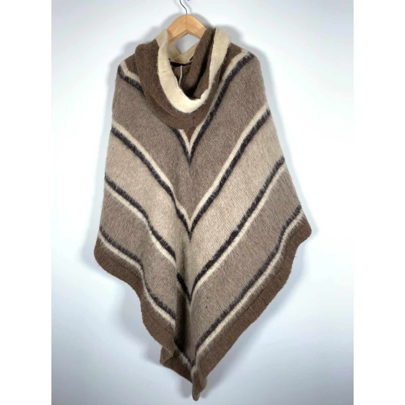 Vintage VINTAGE Hilda Ltd. Poncho Women's One Size Brown Beige Stripe Iceland Made 60s Size ONE SIZE - 2 Thumbnail