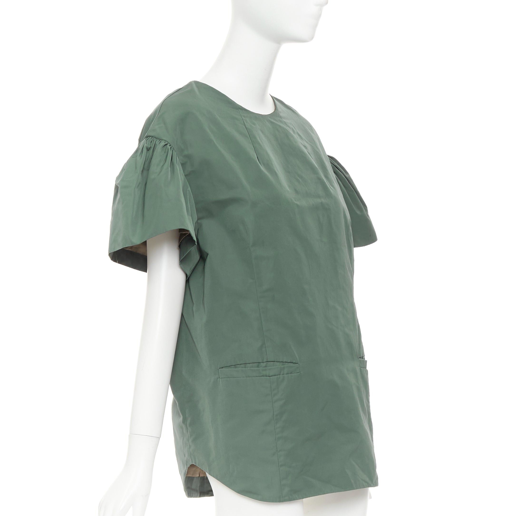 Dries Van Noten DRIES VAN NOTEN 2017 Runway green taffeta darted neck flutter sleeve boxy top FR36 S Size S / US 4 / IT 40 - 1 Thumbnail