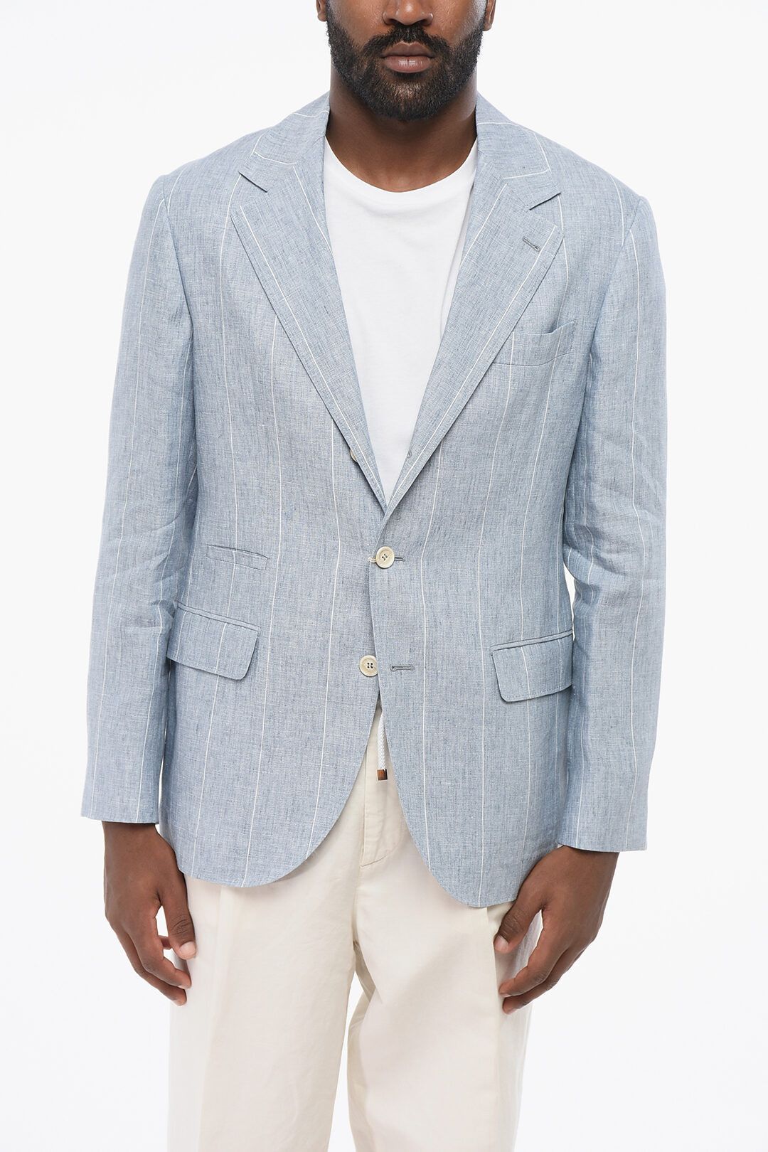 Brunello Cucinelli og1mm0725 Pinstriped Linen Blazer Light Blue Size US XL / EU 56 / 4 - 1 Thumbnail
