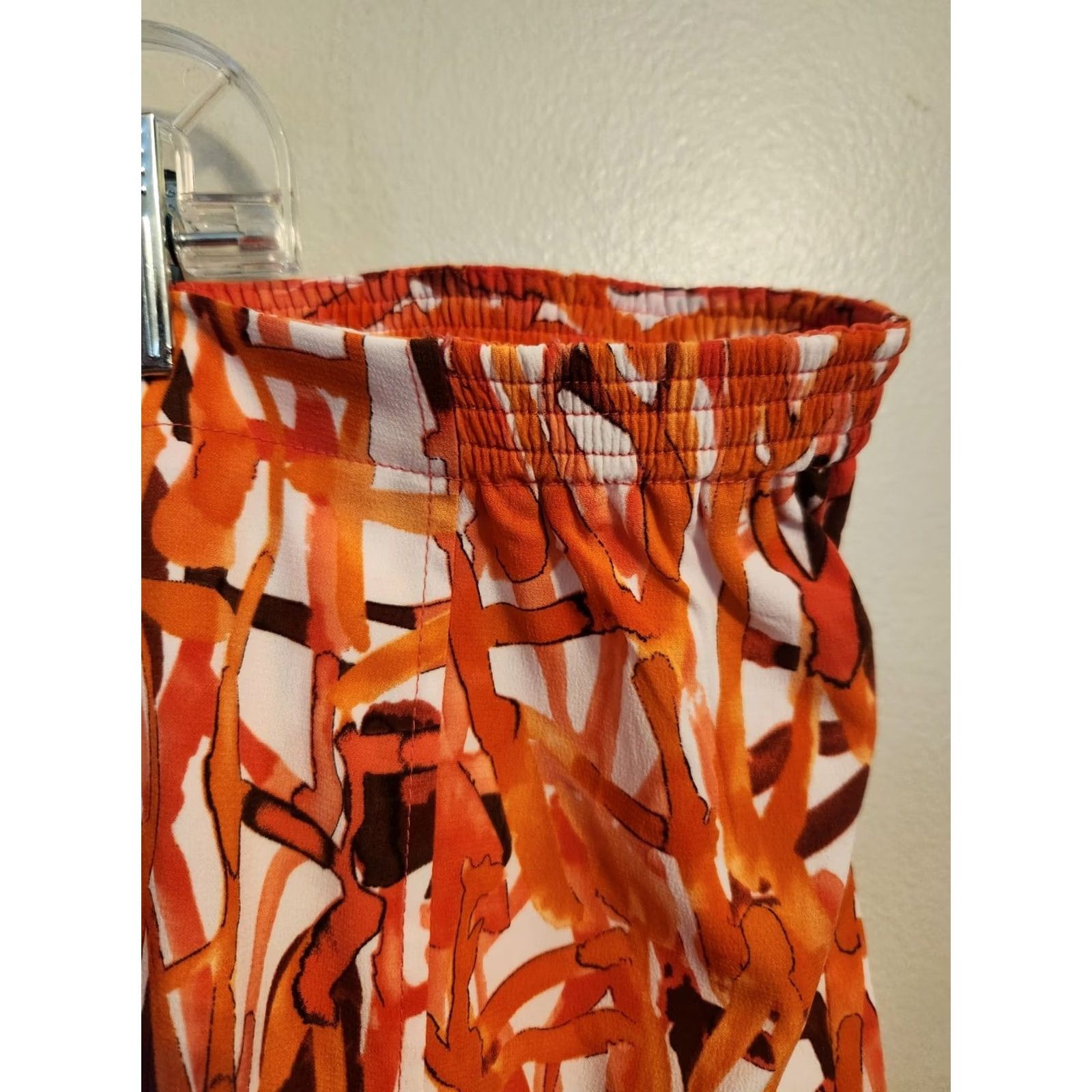 Vintage Maggie Barnes Skirt Maxi Elastic Waist Geometric Print 3X White Orange Womens Plus Long Size 40" / US 18 - 2 Thumbnail