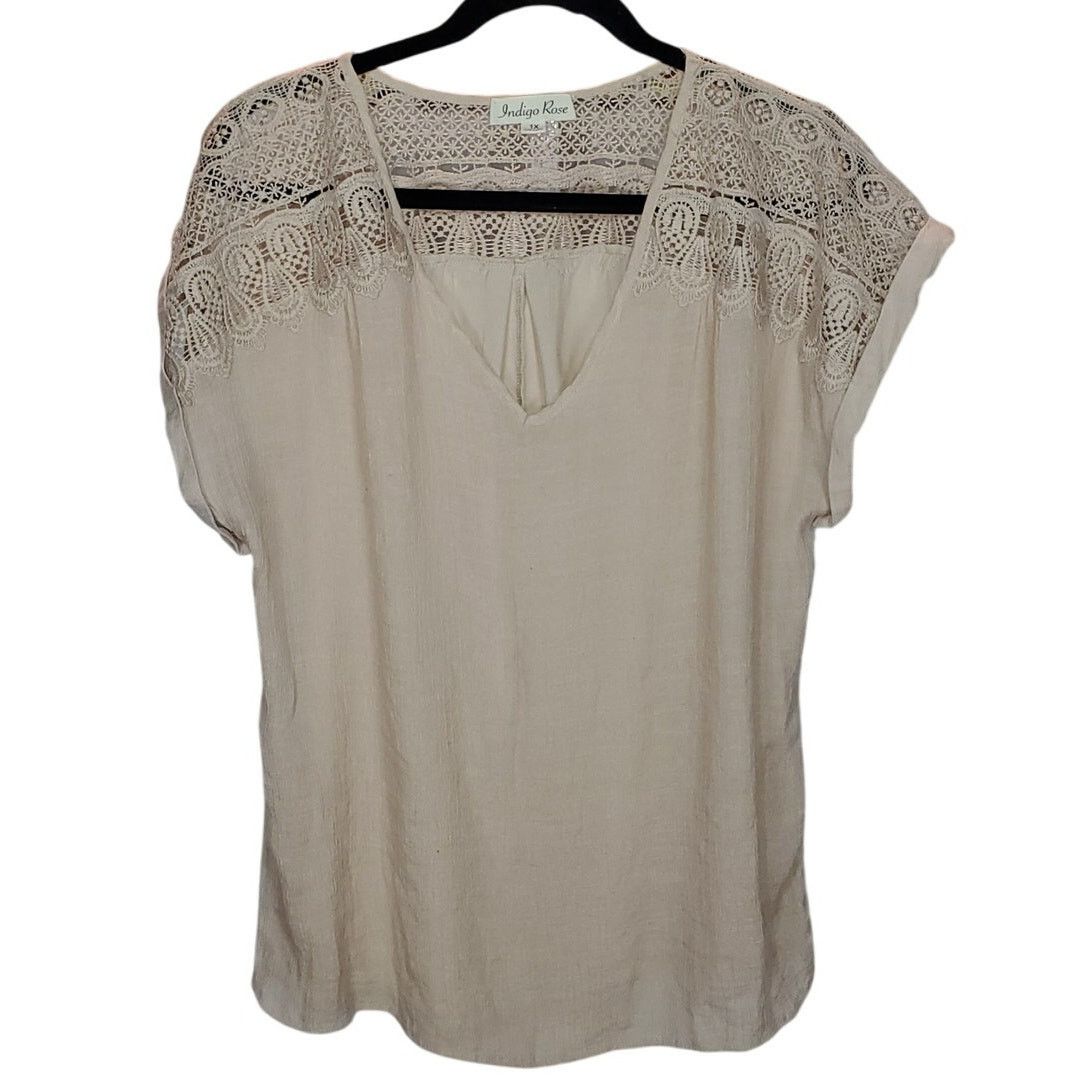 Other Indigo Rose Beige Lace Shoulder Blouse Short Sleeve Top 1X Size XL / US 12-14 / IT 48-50 - 6 Thumbnail