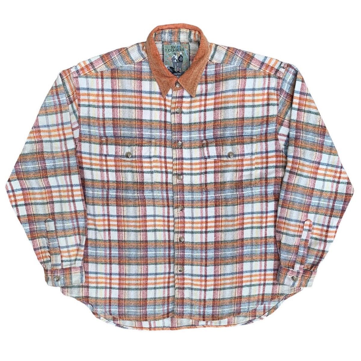 image of Nigel Cabourn Corduroy Collar Plaid Flannel Shirt in Orange, Men's (Size XL)