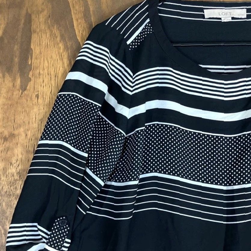 Loft VINTAGE LOFT Blouse Womens Black White Stripes Dot Print Petite Roll Tab Sleeve MP Size M / US 6-8 / IT 42-44 - 4 Thumbnail