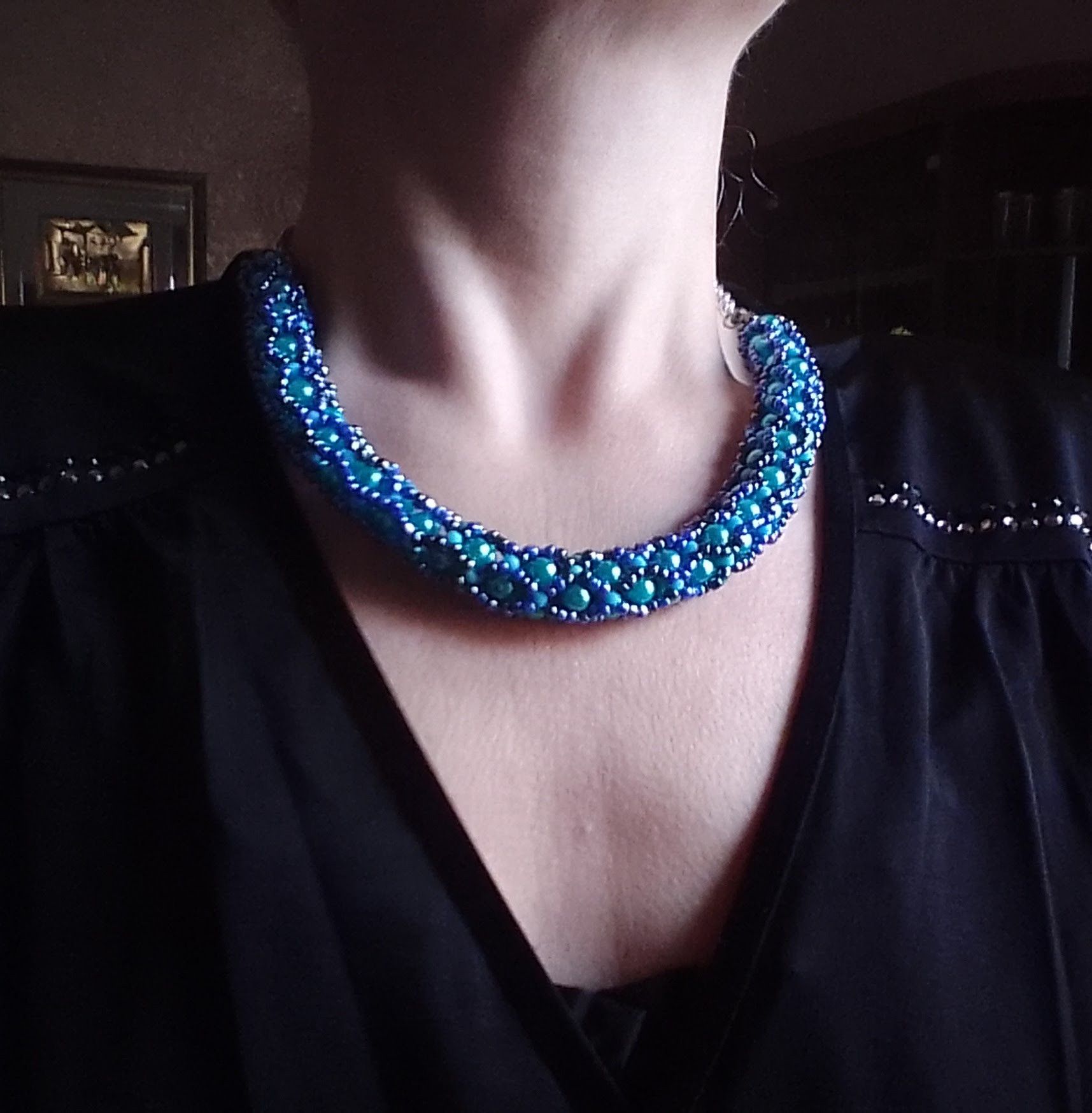 Handmade Necklace Vintage Netted Tubular Blue Pearls Elegant Size ONE SIZE - 5 Thumbnail