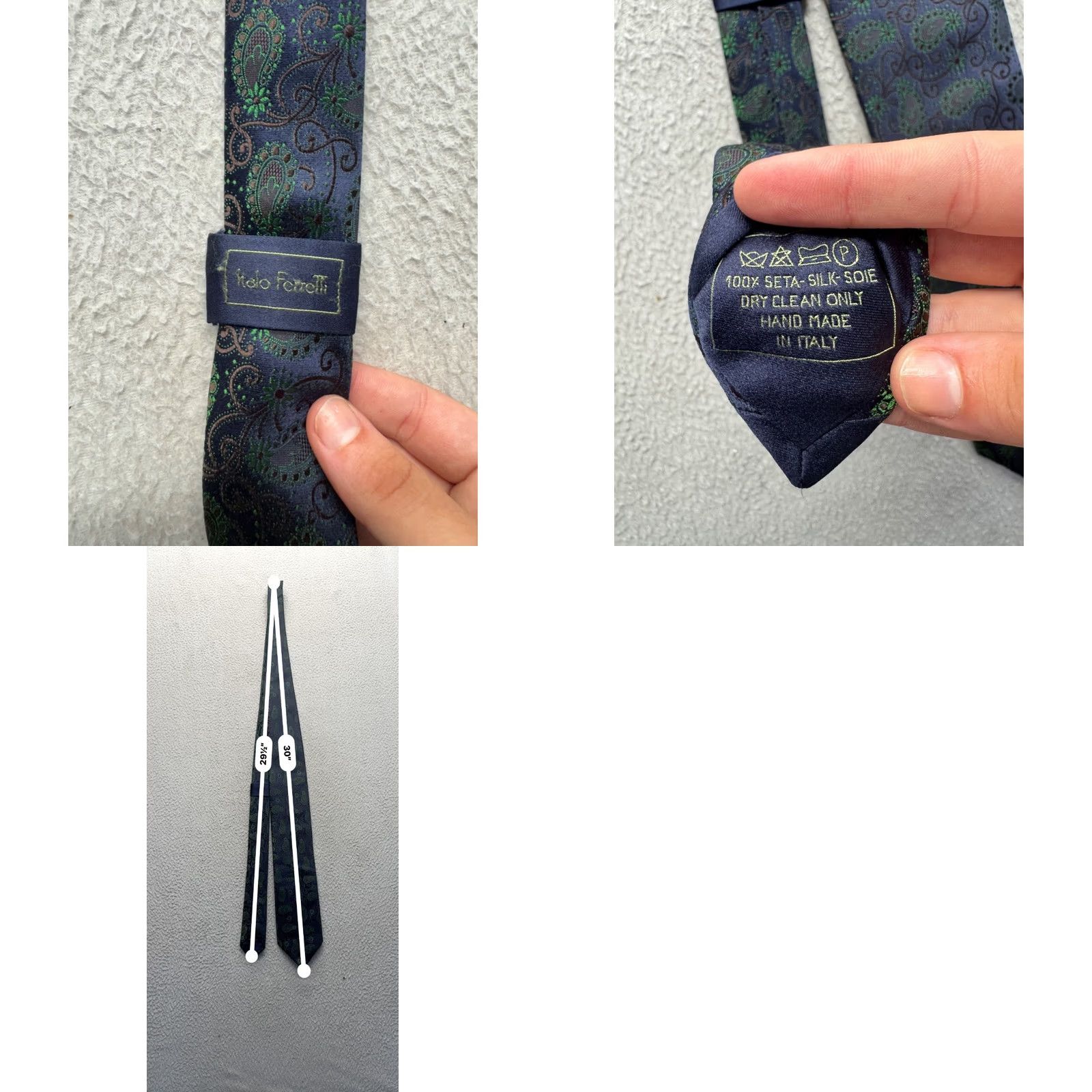 Vintage Italo Ferretti Tie Navy Green Paisley Silk Designer Narrow 29in 3.5in Men Vintage? Size ONE SIZE - 8 Thumbnail