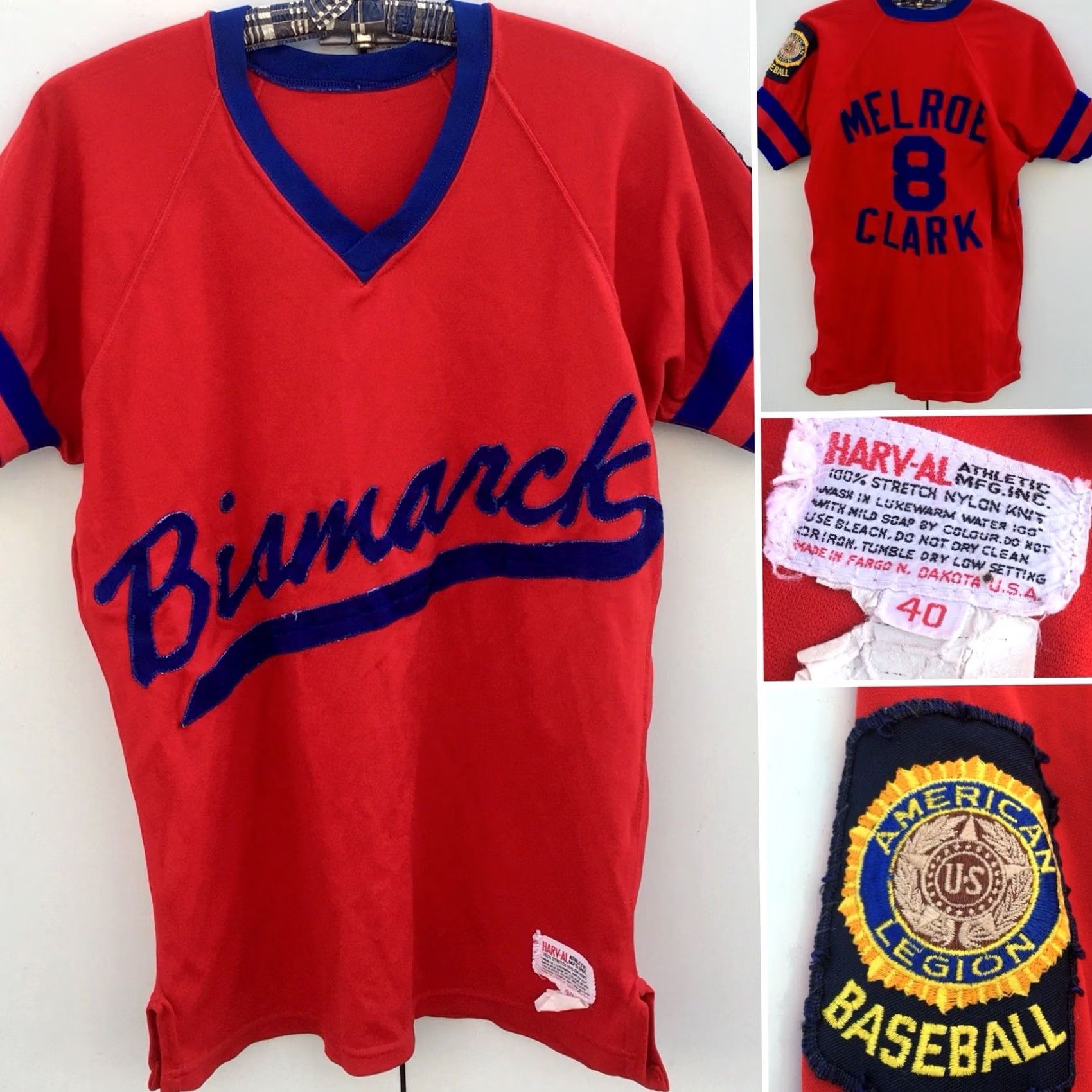 Clarks VINTAGE HARV-AL American Legion Baseball Shirt Jersey 40 Red Short Sleeve V Neck Mens Size US L / EU 52-54 / 3 - 2 Thumbnail