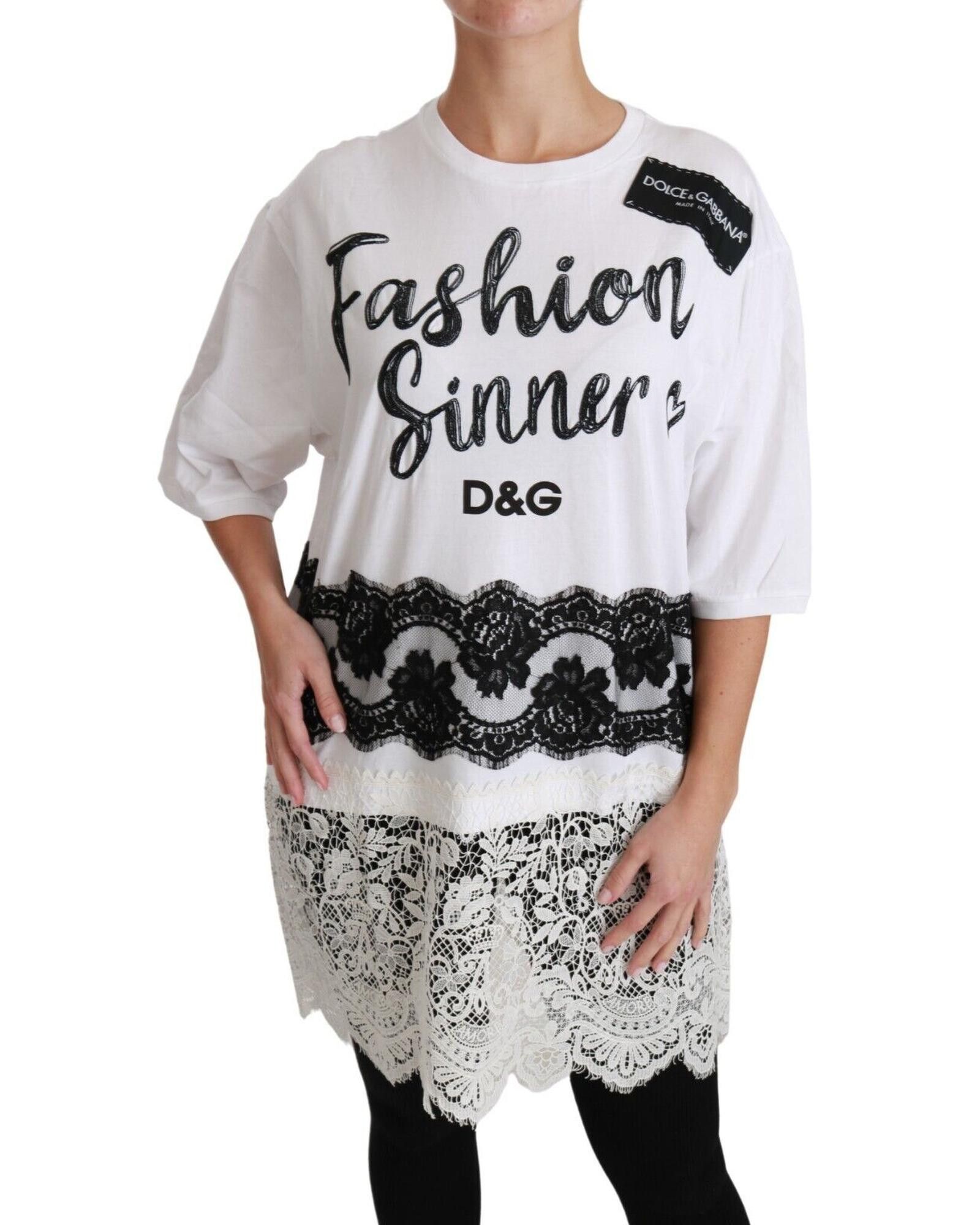 image of Dolce Gabbana Fashion Sinner Cotton Lace T-Shirt Top in Blackwhite, Women's (Size XS)