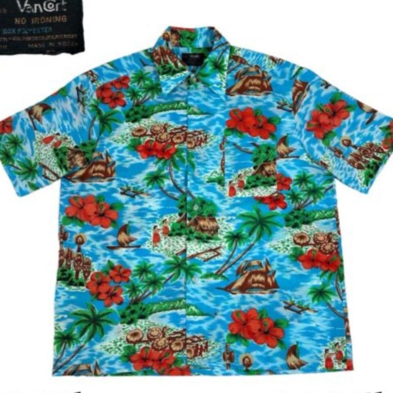 Vintage Vintage 70s Van Cort Blue Pink Hawaiian Tropical Shirt Small Size US S / EU 44-46 / 1 - 5 Thumbnail