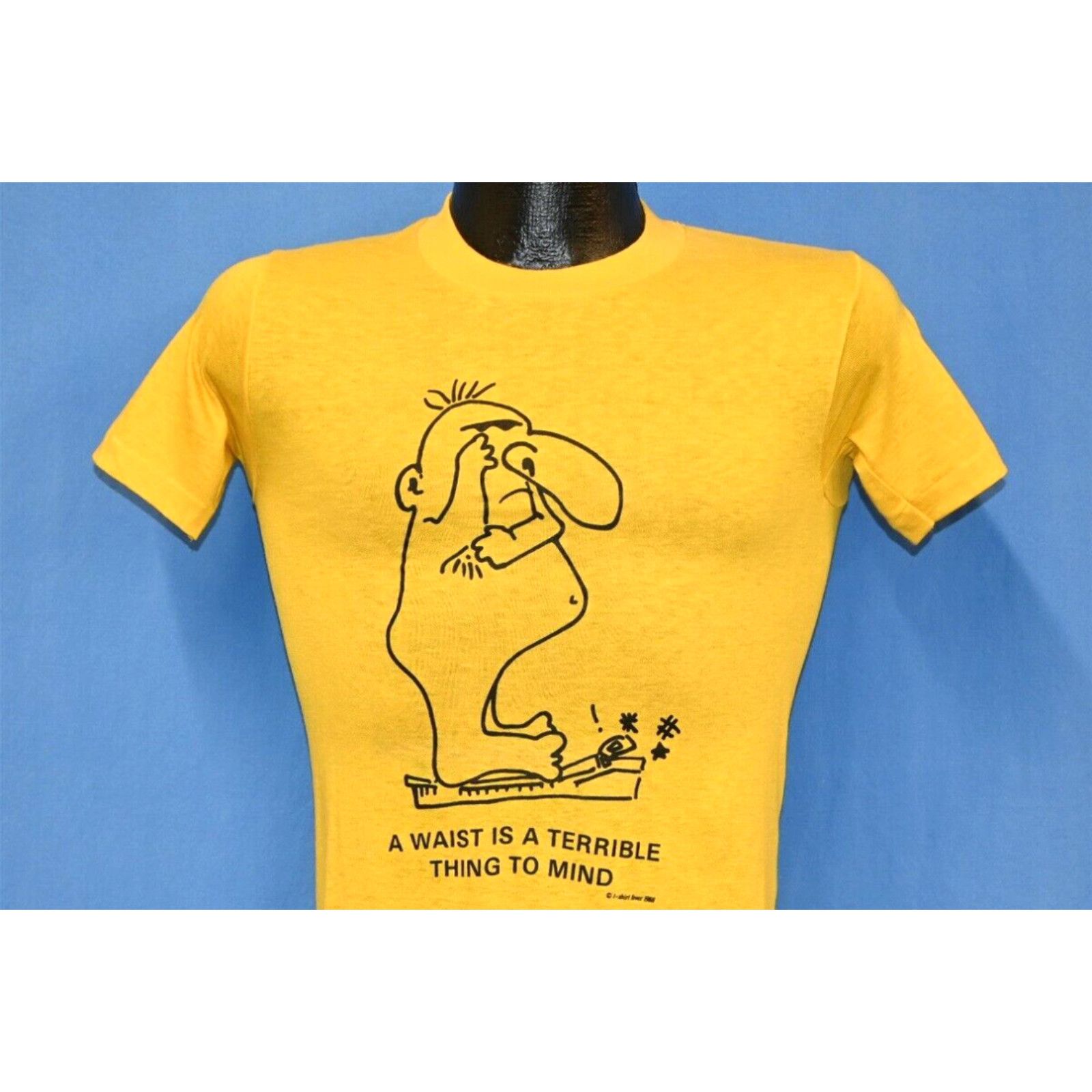 image of Vintage VTG 80's A Waist Is A Terrible Thing To Mind Weight Funny Yellow Diet T-Shirt Xs in White