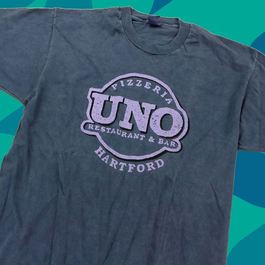 Fruit Of The Loom VINTAGE Fruit of the Loom T-Shirt Hartford CT Pizzeria Uno 90s USA Single Stitch Blue XL Mens Short Sleeve Crew Neck Cotton, Deadstock NWOT, CT CT Size US XL / EU 56 / 4 - 1 Thumbnail