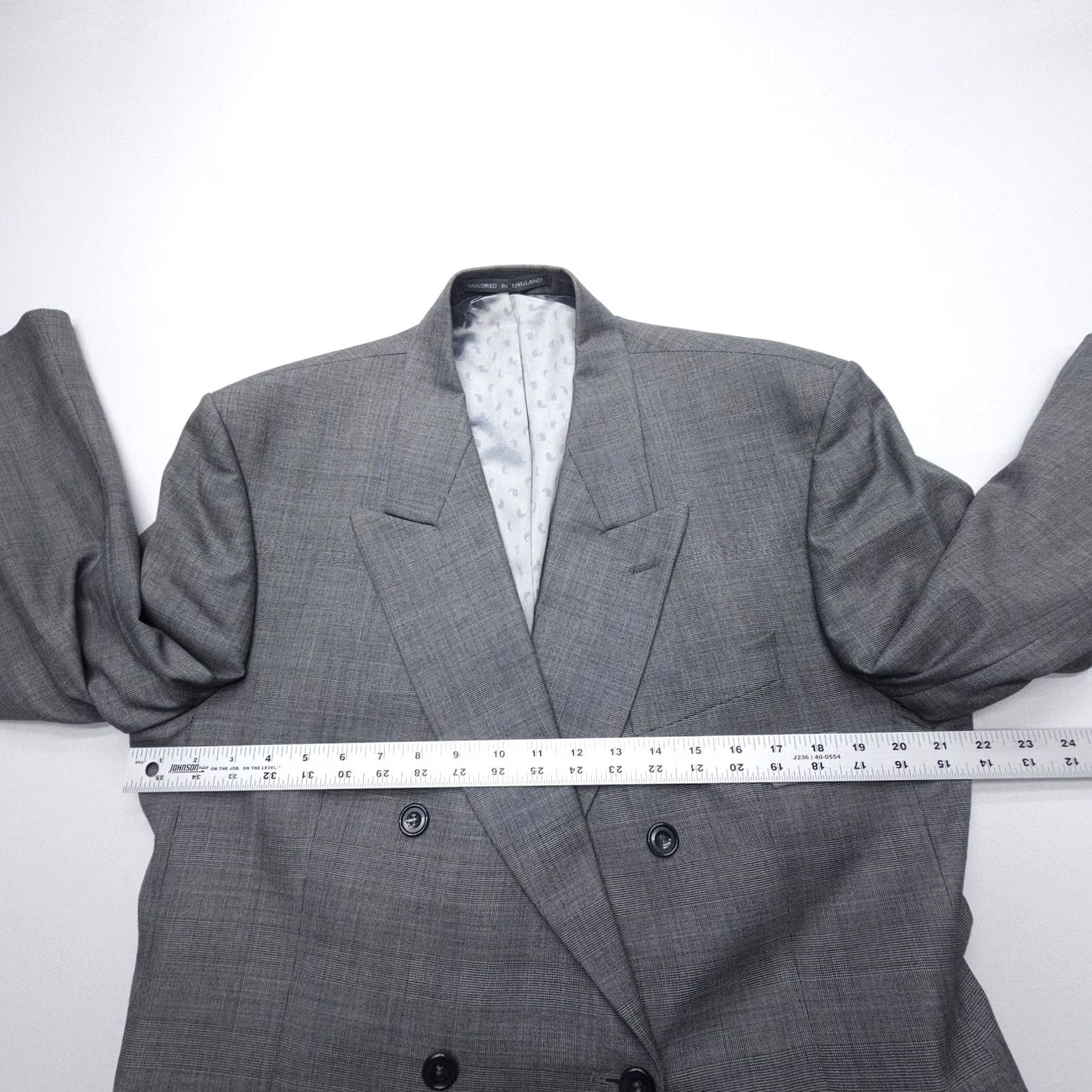 Doublet VINTAGE Savile Row Double-Breasted Wool Blazer Mens 44 Gray England Jacket Coat Check Wool Blazer Men 44" Chest Classic Notch Lapel Four-Button Size 44R - 7 Thumbnail