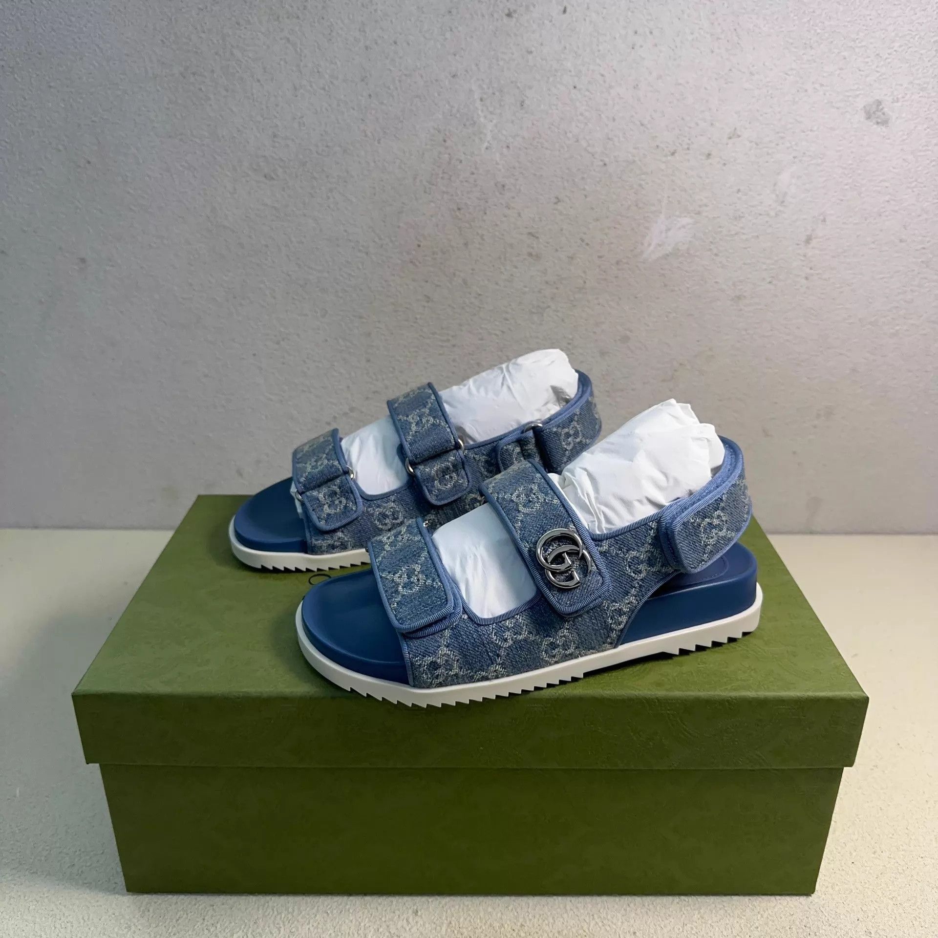 Gucci Women's GUCCI Denim All-Over Double C Velcro Sandal Blue Size US 4.5 / IT 34.5 - 1 Thumbnail