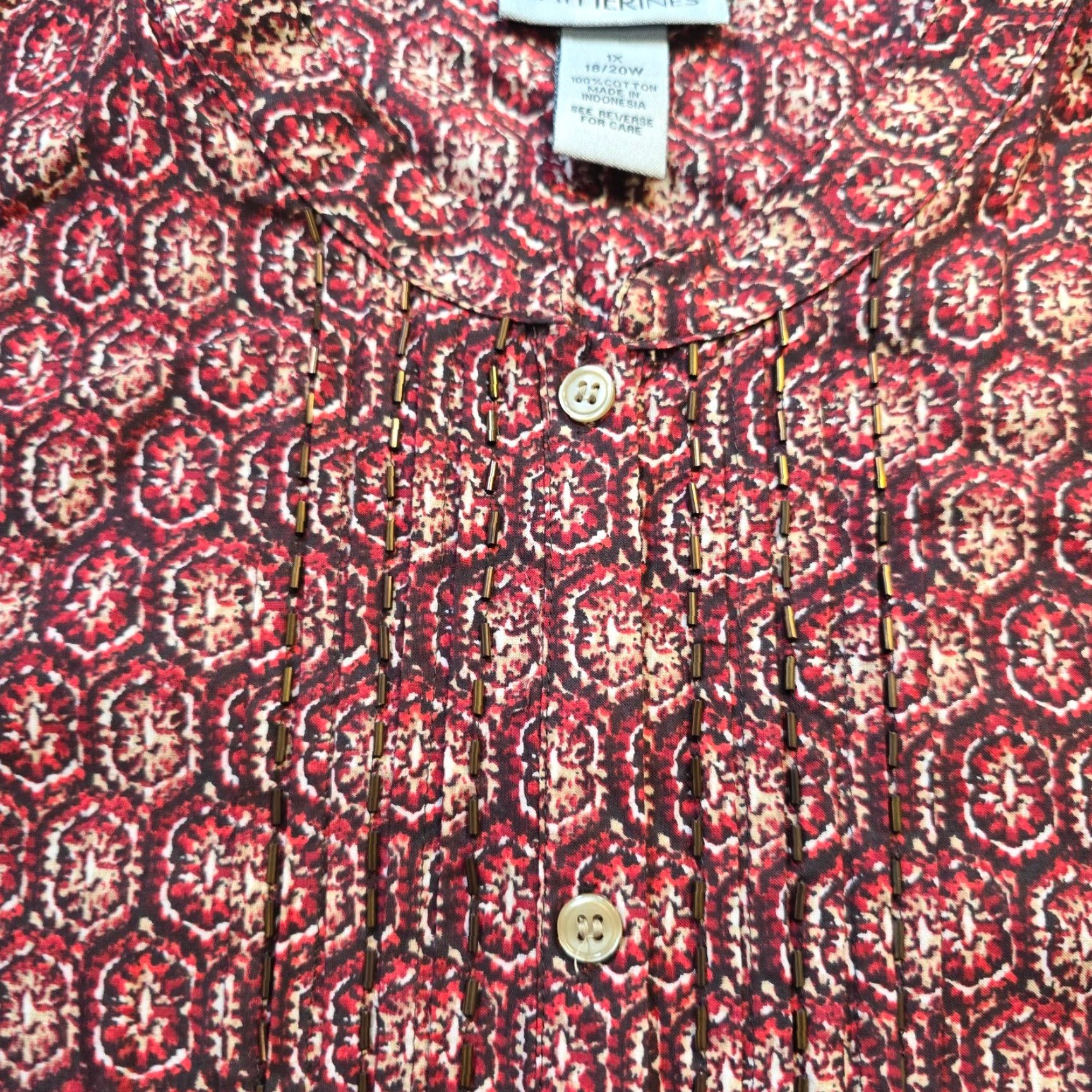 Vintage Catherine's Beaded Round Neck Button Blouse Women 1X Brown Orange Casual Career Geometric Pattern Size XL / US 12-14 / IT 48-50 - 7 Thumbnail