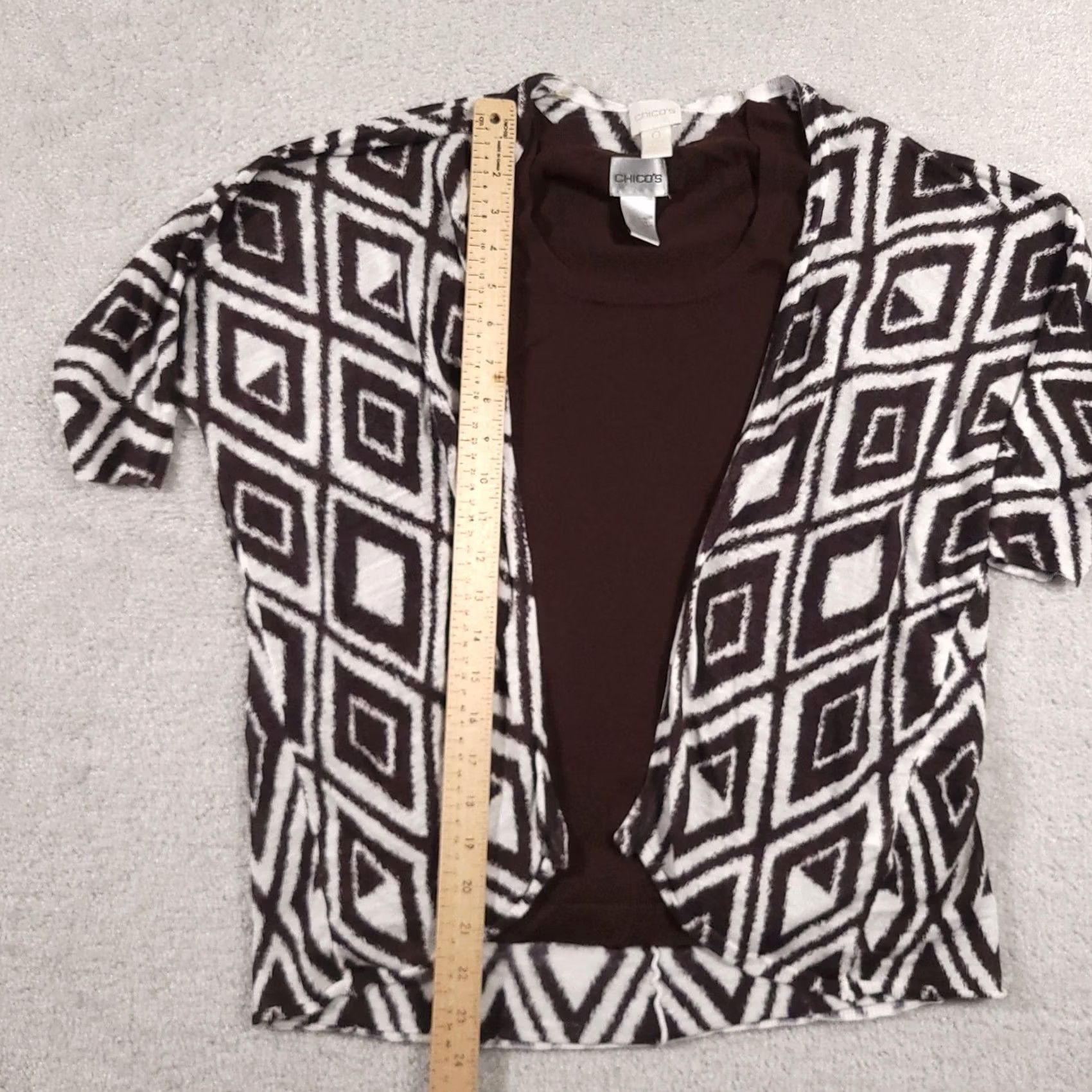 Vintage VINTAGE Chicos Cardigan Womens XS Brown Geometric Open Front Short Sleeve Layer Cropped Bohemian Lightweight Spritz Mens? Size XS / US 0-2 / IT 36-38 - 7 Thumbnail