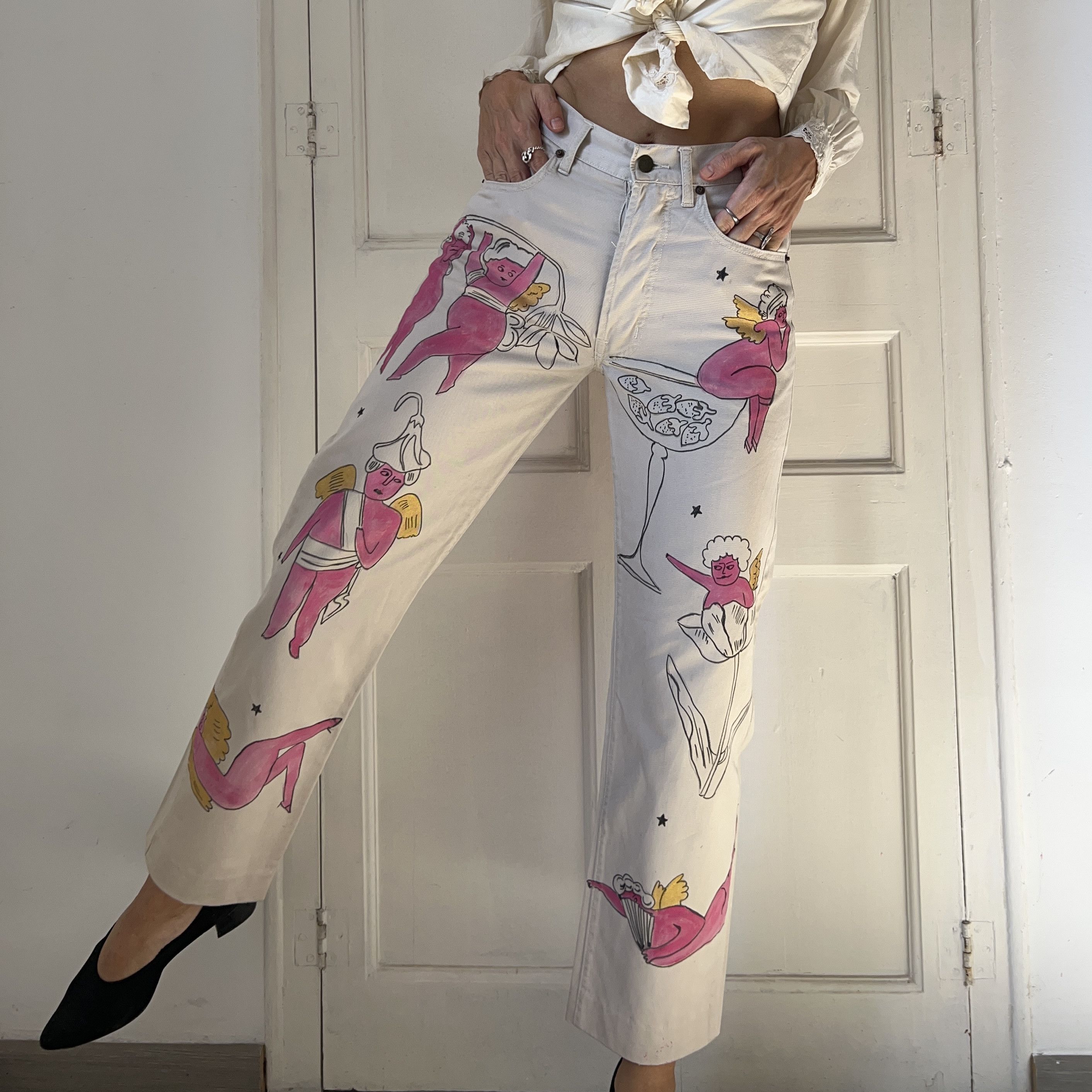 Custommade Hand-Painted Angels Cotton Trousers Size 30" / US 8 / IT 44 - 8 Thumbnail