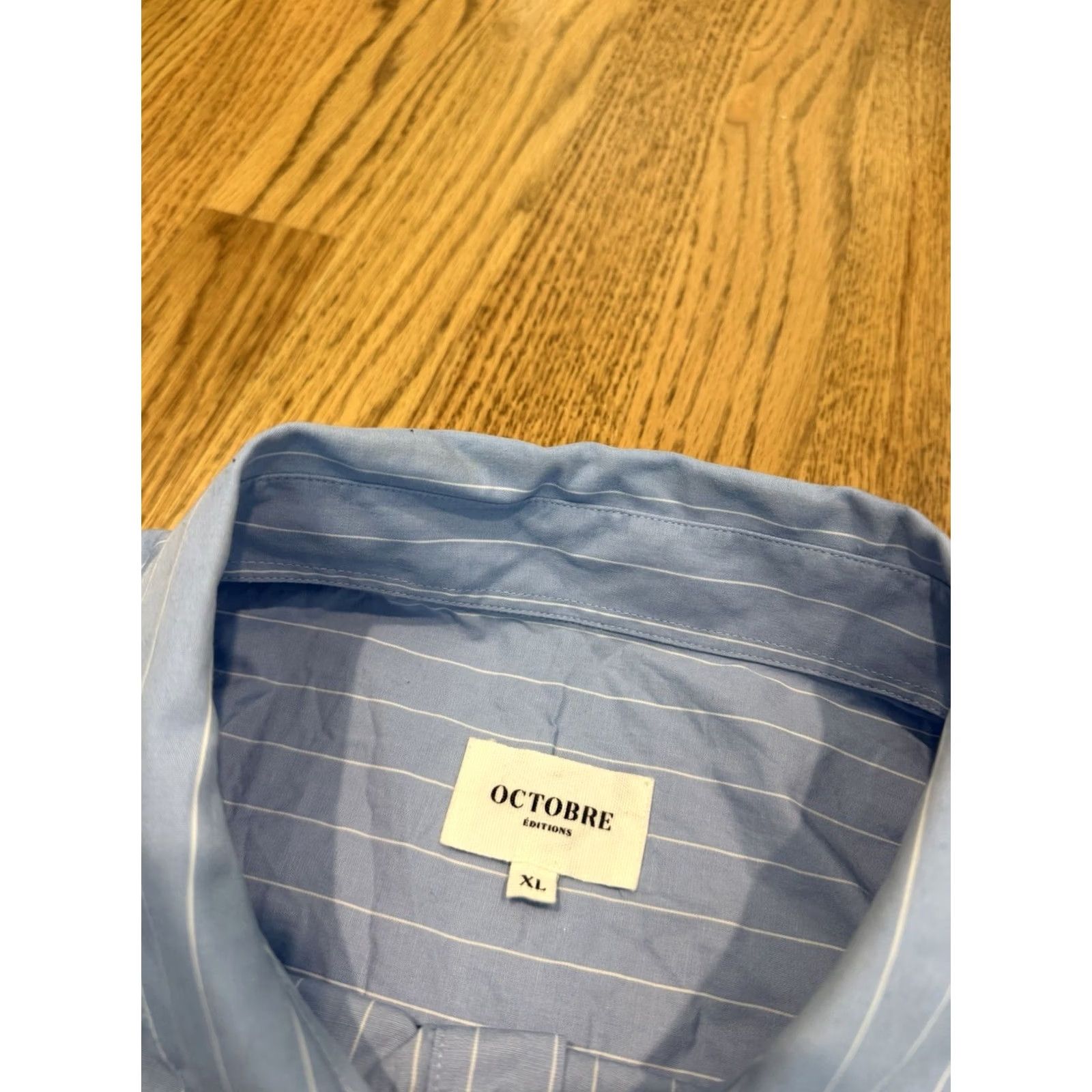 Vintage Octobre Editions Button-Up Cotton Shirt Mens XL Short Sleeve Sezane Stripe Blue Size US XL / EU 56 / 4 - 5 Thumbnail