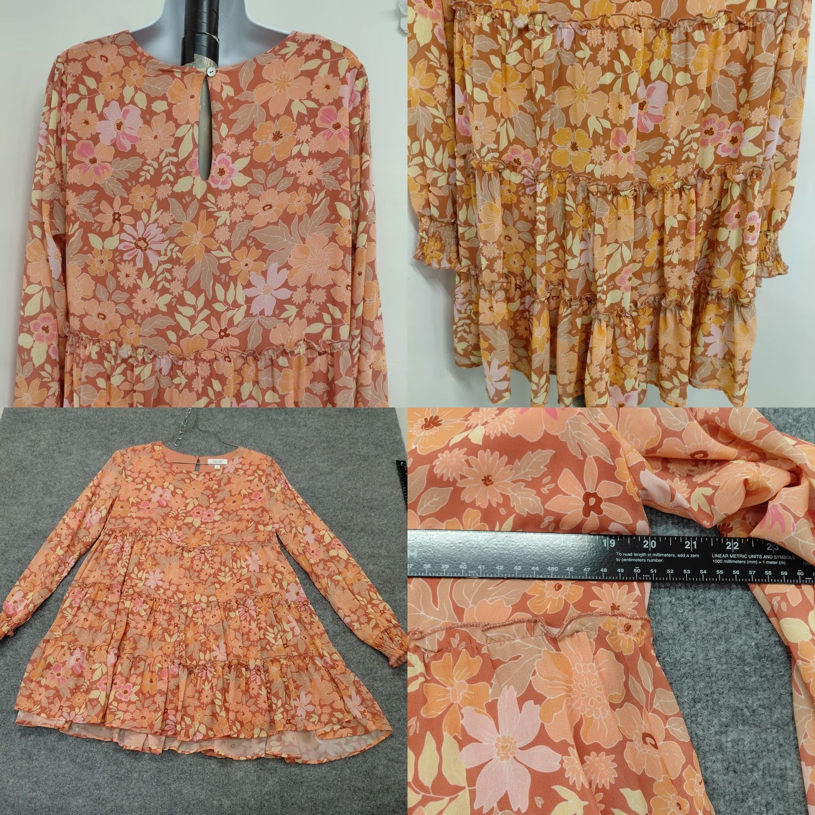 Vintage Peach Love California Dress Women L Peach Floral Long Sleeve Mini Lined Ballon Sleeve Blouson Party/Cocktail Wedding Sundress Short Size L / US 10 / IT 46 - 8 Thumbnail