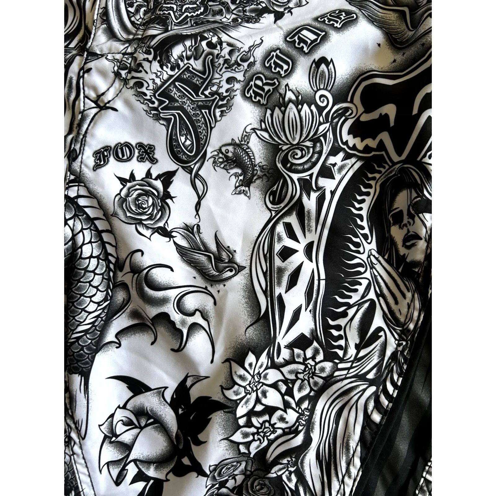 Vintage Fox Racing Y2K Style AOP Swim Trunks Mens 40 Black Polyester Drawstring Pockets Summer Surf Skate Size US 40 / EU 56 - 3 Thumbnail