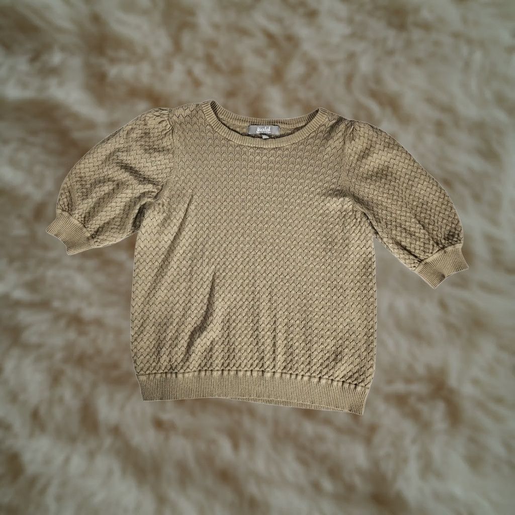 Olive Marled Reunited Clothing Olive Taupe Pointelle Puff Sleeve Sweater Womens Large Size L / US 10 / IT 46 - 1 Thumbnail