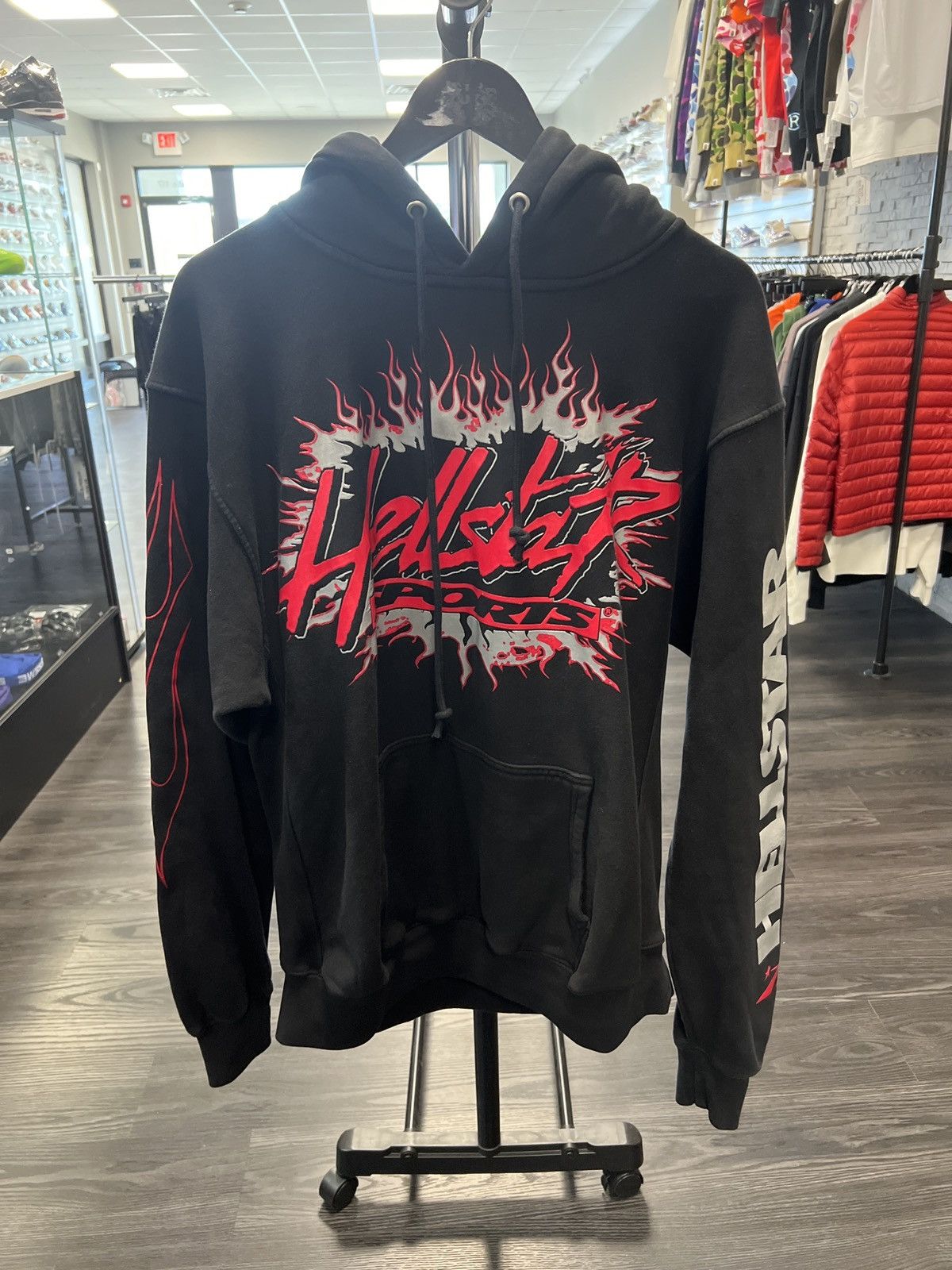 image of Hellstar Studios Sports Future Flame Black Hoodie, Men's (Size XS)