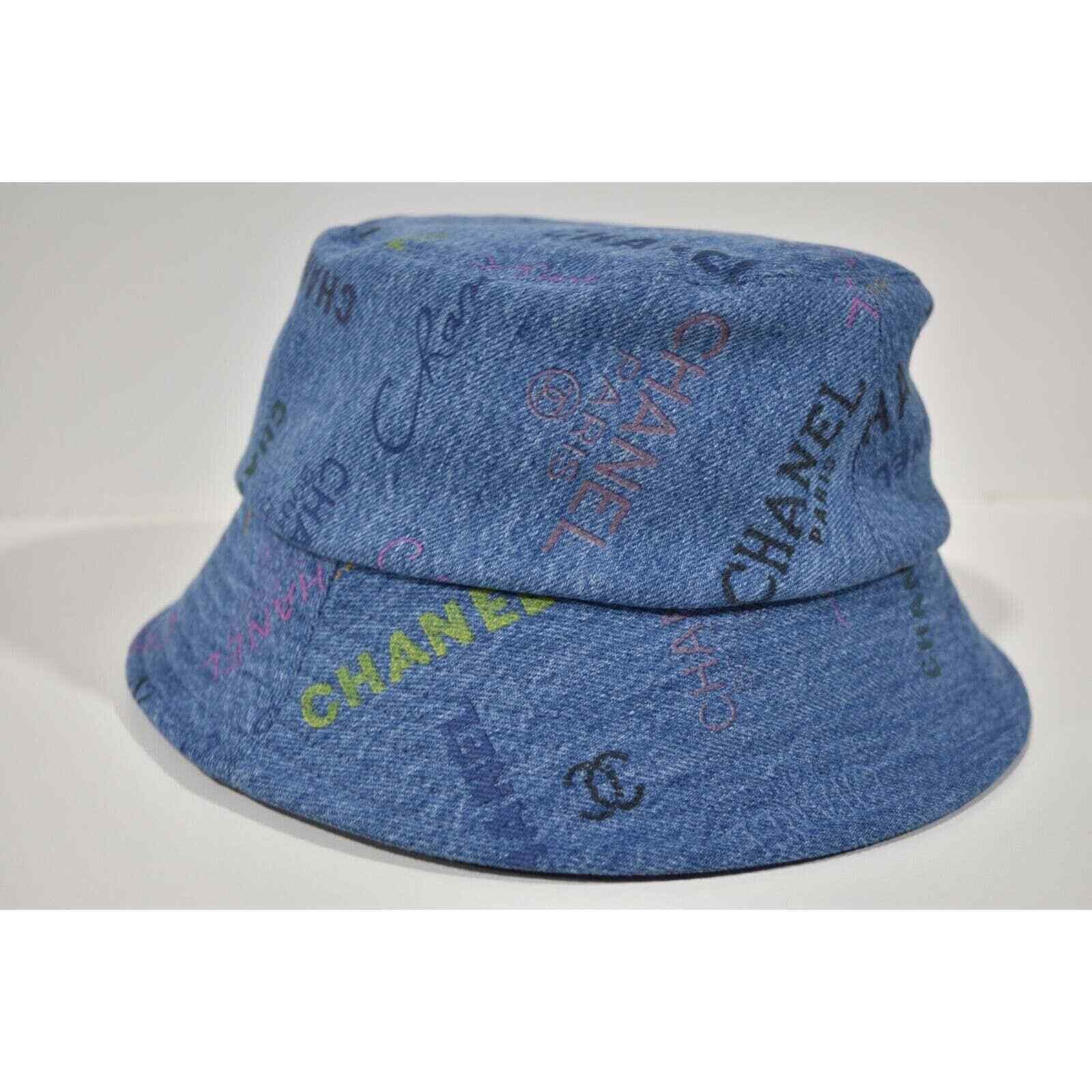 Chanel Blue Black Pink Denim Graffiti Bucket Hat Medium M