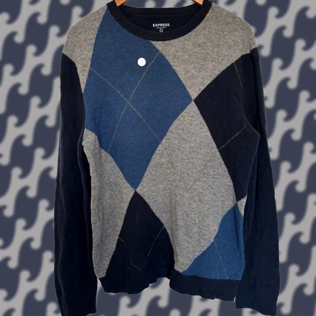Express EXPRESS 100% Lambs Wool Argyle Crewneck Sweater Men's Large Navy Blue Gray Size US L / EU 52-54 / 3 - 1 Thumbnail